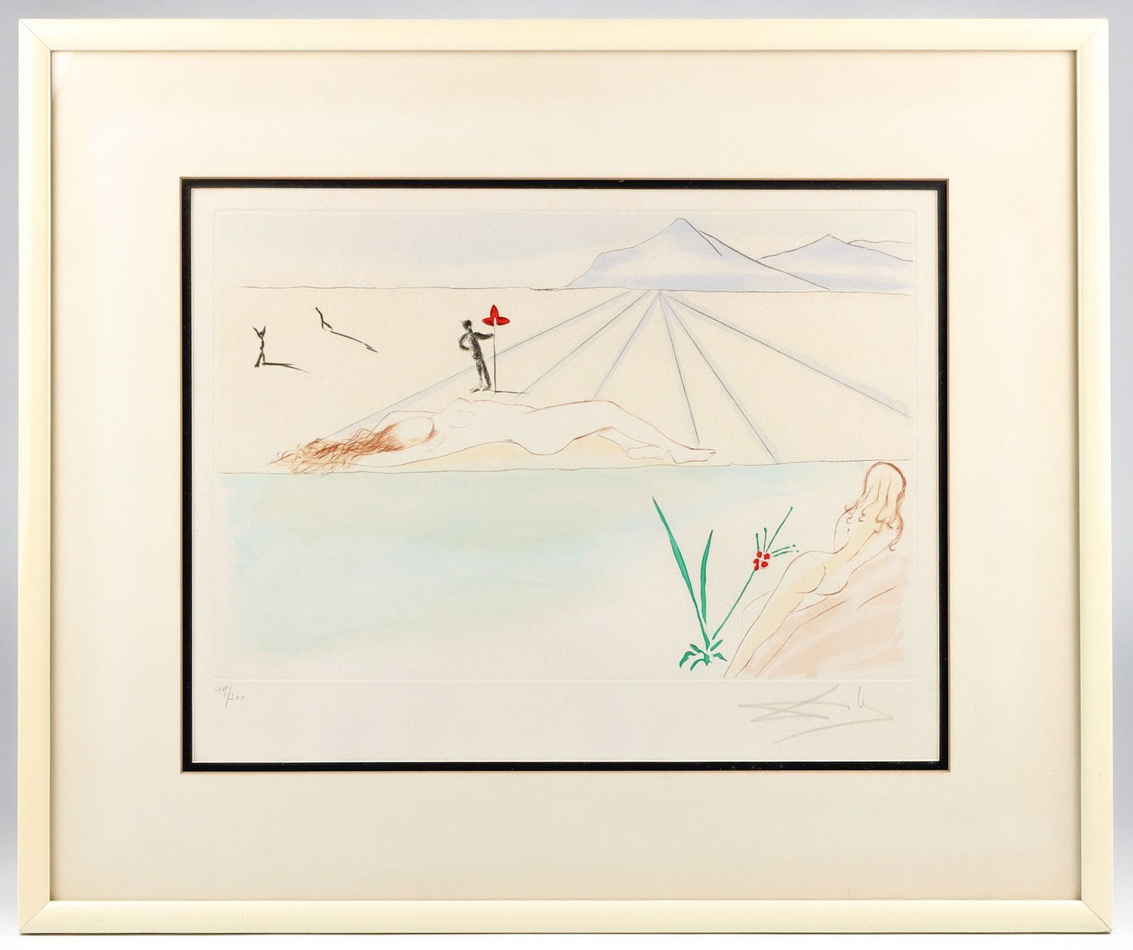Salvador Dali (1904-1989) Pencil Signed Lithograph, Garden of the Nudes Ed. 14/300: Titled Garden of the Nudes. Edition 14/300. Signed in the lower right corner. Surreal desert scene with nude figures. Dimensions: Visible image is approximately 13.5 in H x 17.25 in W. Frame size is a