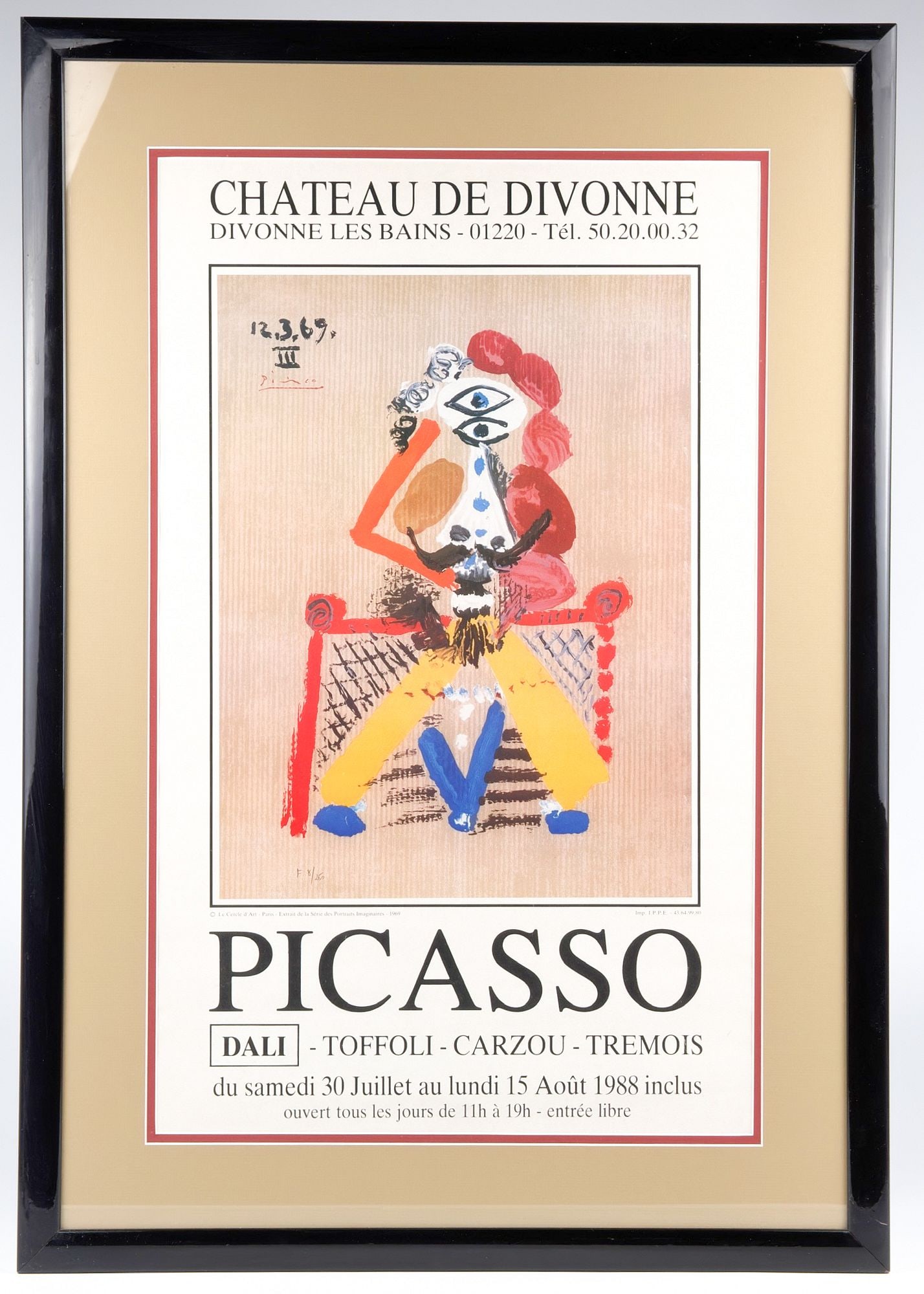 Pablo Picasso Chateau de Divonne Exhibition Poster, 1969: Poster depicts one of Picasso's works showing at Chateau de Divonne in France. Dimensions: Visible image is approximately 24.25 in H x 15 in W. Frame is approximately 31 in H x 21.5 in W. Weighs appro