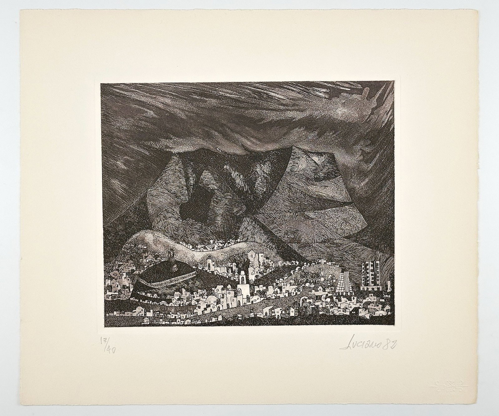 Luciano (20th Century) Etching, Mountain Town, Ed. 17/40, 1982: Dimensions: Approximately 17.5 in x 15 in. Total weight is approximately 1lbs. LOCAL PICK UP INFORMATION:Wednesday, September 16, 10:00 AM-2:00 PM at 8059 Foothill Blvd, Sunland, CA 91040 SHIPPING:Win