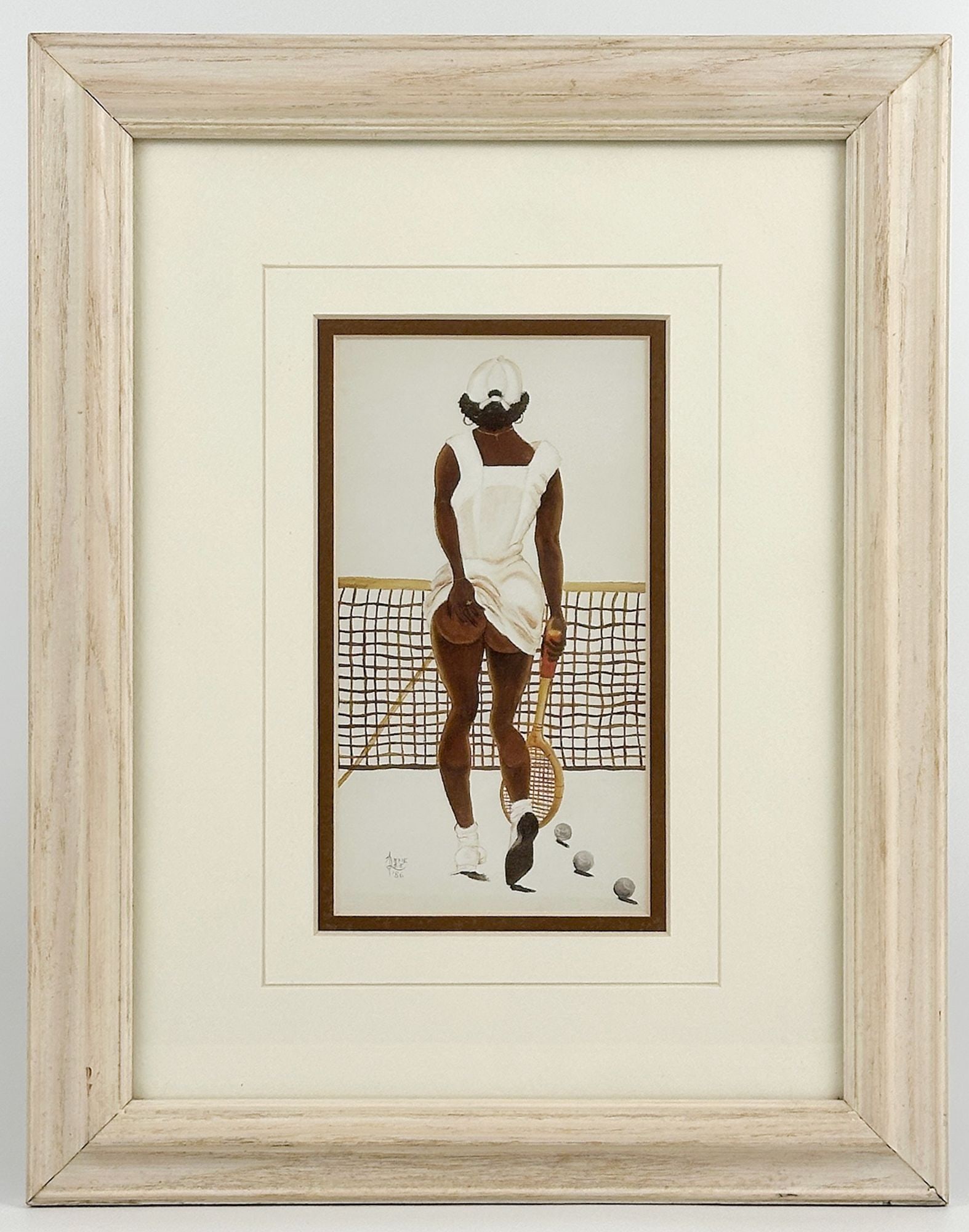 Taylor's Find: Annie Frances Lee (1935-2014) Framed Print, Second Set, 1986: Framed print depicting revealing look for onlookers. Label on backside. Dimensions: Visible approx. 7 in H x 3.75 in W. Frame approx. 14.25 in H x 11.75 in W. Weighs 2 lbs. Artist Annie Frances Lee wa