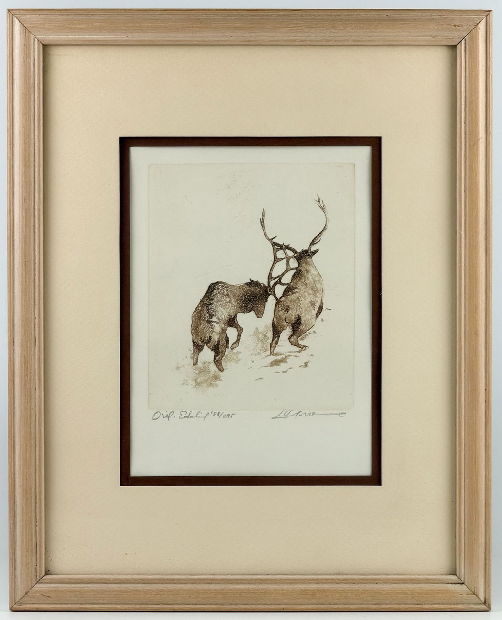 Gil's Find: L. Mariae Signed Copper Plate Etching, Elks: Signed on bottom right corner. Edition 188/295. Dimensions: Frame approx: 15.5 in H x 12.5 in W. Visible: 8.5 in H x 6 in W. Weight: 2 lbs. LOCAL PICK UP INFORMATION:Wednesday, September 16, 10:00 AM-