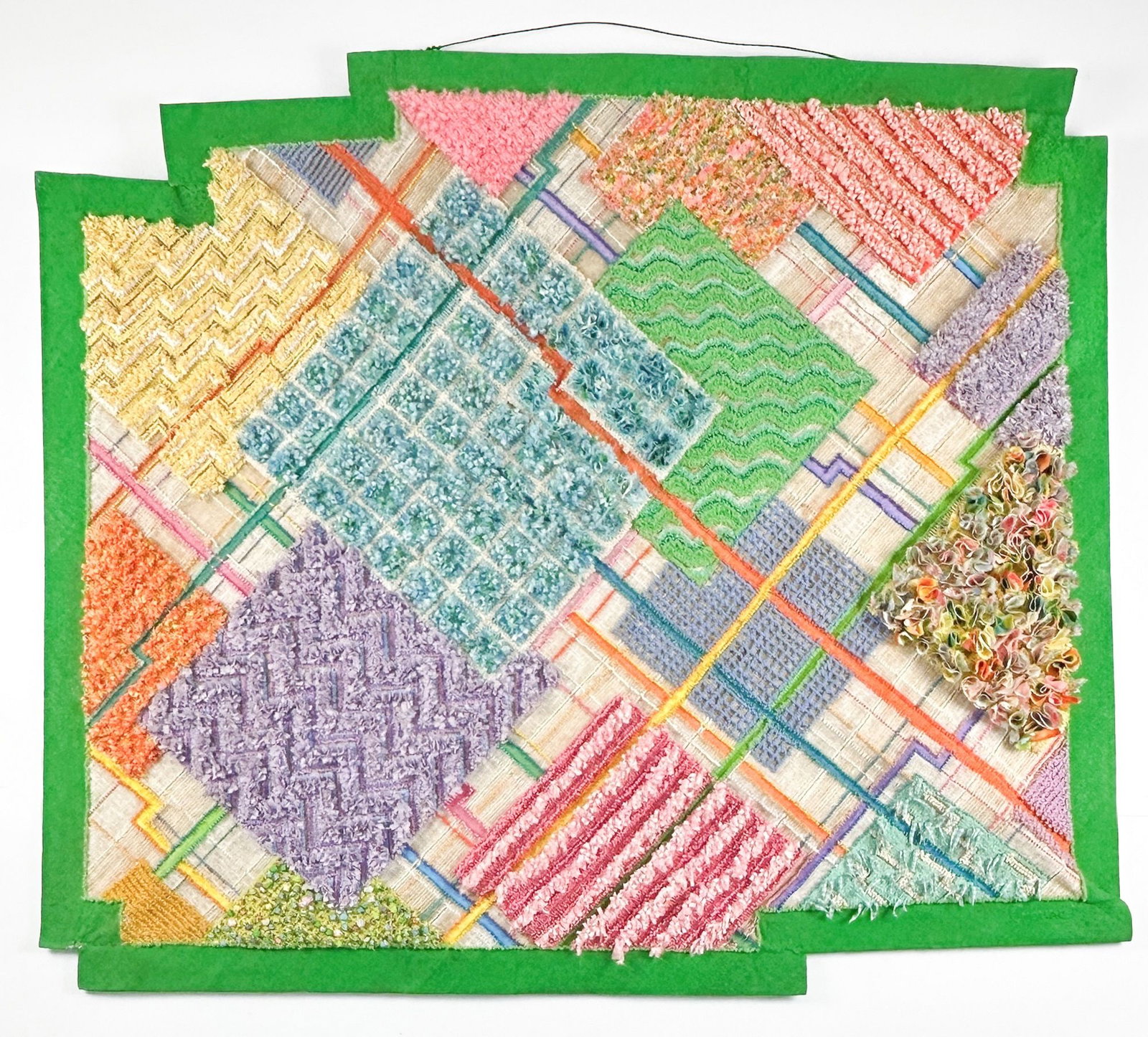 Gloria Crouse (1925-2011) Fiber Art Hanging Textile, Multicolor Collage: Comprised of varying textures and materials. Signed on lower right corner. Markings and labels on back. Dimensions: Artwork is approx. 49.5 in H x 56 in W. Weighs 7 lbs. LOCAL PICK UP INFORMATION:Wedn