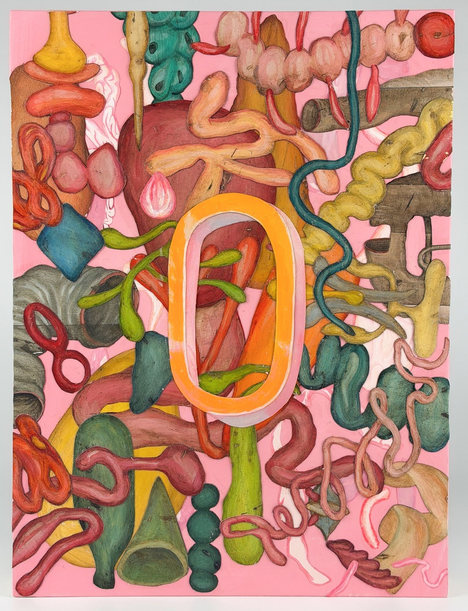 Jason Holley (20th Century) Acrylic on Panel, That Which Is Consumed, That Which Consumes Us All:: Titled That Which Is Consumed, That Which Consumes Us All: Double XL. Signed on the back. Depicts collaged and cut out pieces of painted wood panel in the form of soft, undulating forms in earthy shad