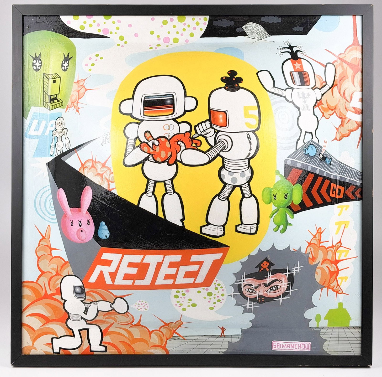 Saiman Chow (20th Century) Acrylic on Molded Vinyl, Reject: Titled Reject. Signed in the lower right corner. Depicts cartoon characters and robots. Dimensions: Visible image is approximately 24.75 in H x 24.75 in W x 4.5 in D. Frame is approximately 26.5 in H 
