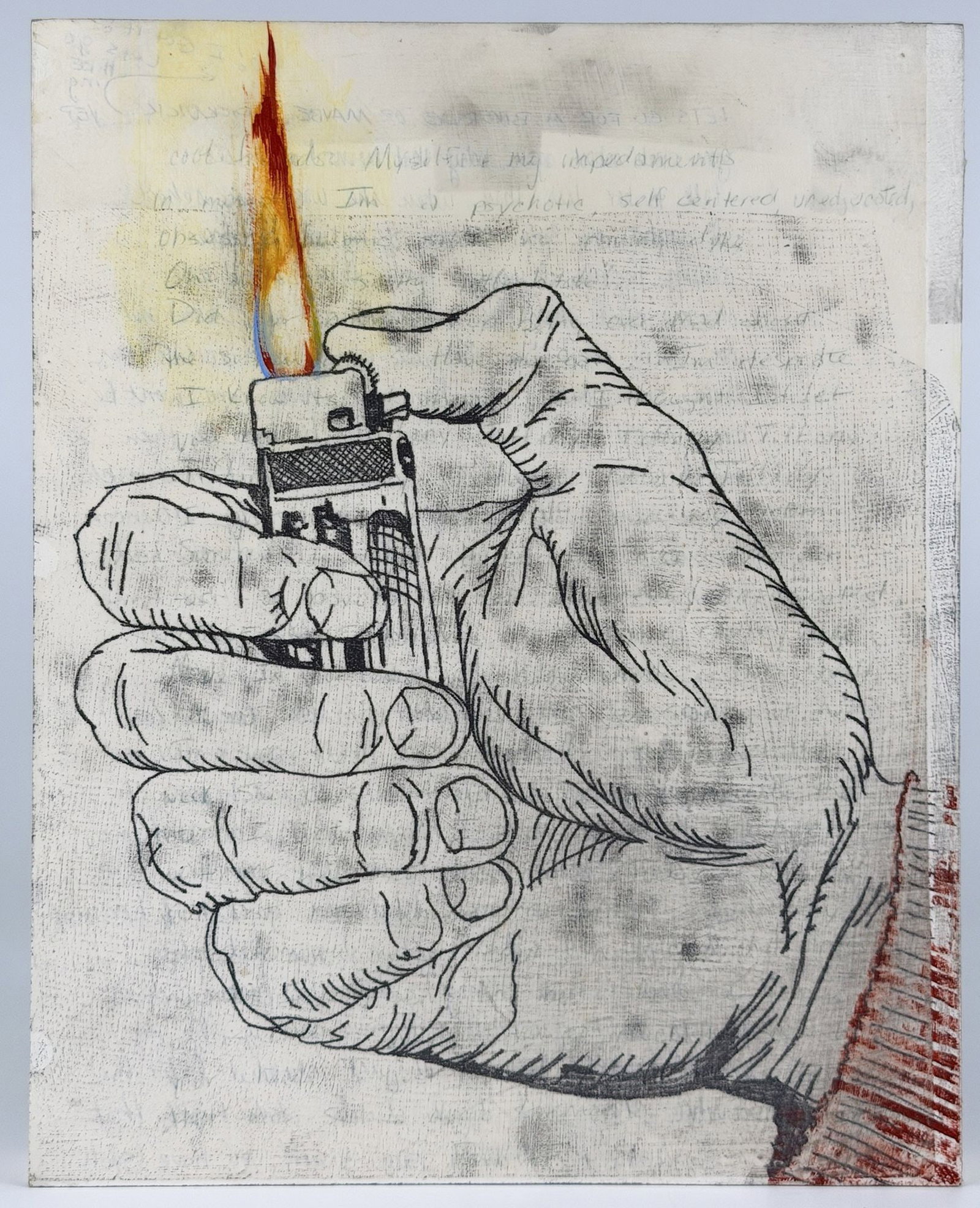 Lindsey Way (20th Century) Mixed Media on Masonite, Stuttering Raving Dyke: Titled Stuttering Raving Dyke. Signed on the left side in graphite. Depicts a hand holding a lighter with a flame. Includes hand written note on journal paper. Dimensions: Approximately 10 in H x 8 in