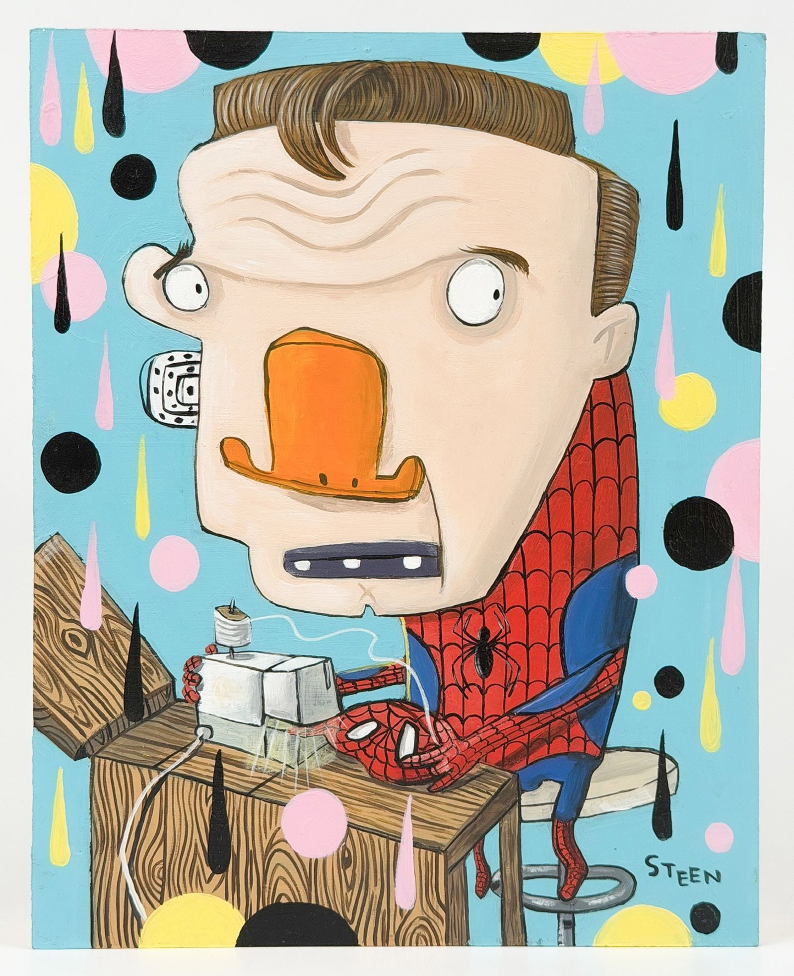 Brandon Steen (20th Century) Acrylic on Masonite, Stychn' Time, Circa 2013: Titled Stychin' Time, circa 2013. Signed in the lower right corner and on the back. Depicts a cartoon Spider-Man stitching up his costume. Dimensions: Approximately 10 in H x 8 in W x 1.25 in D. Weigh