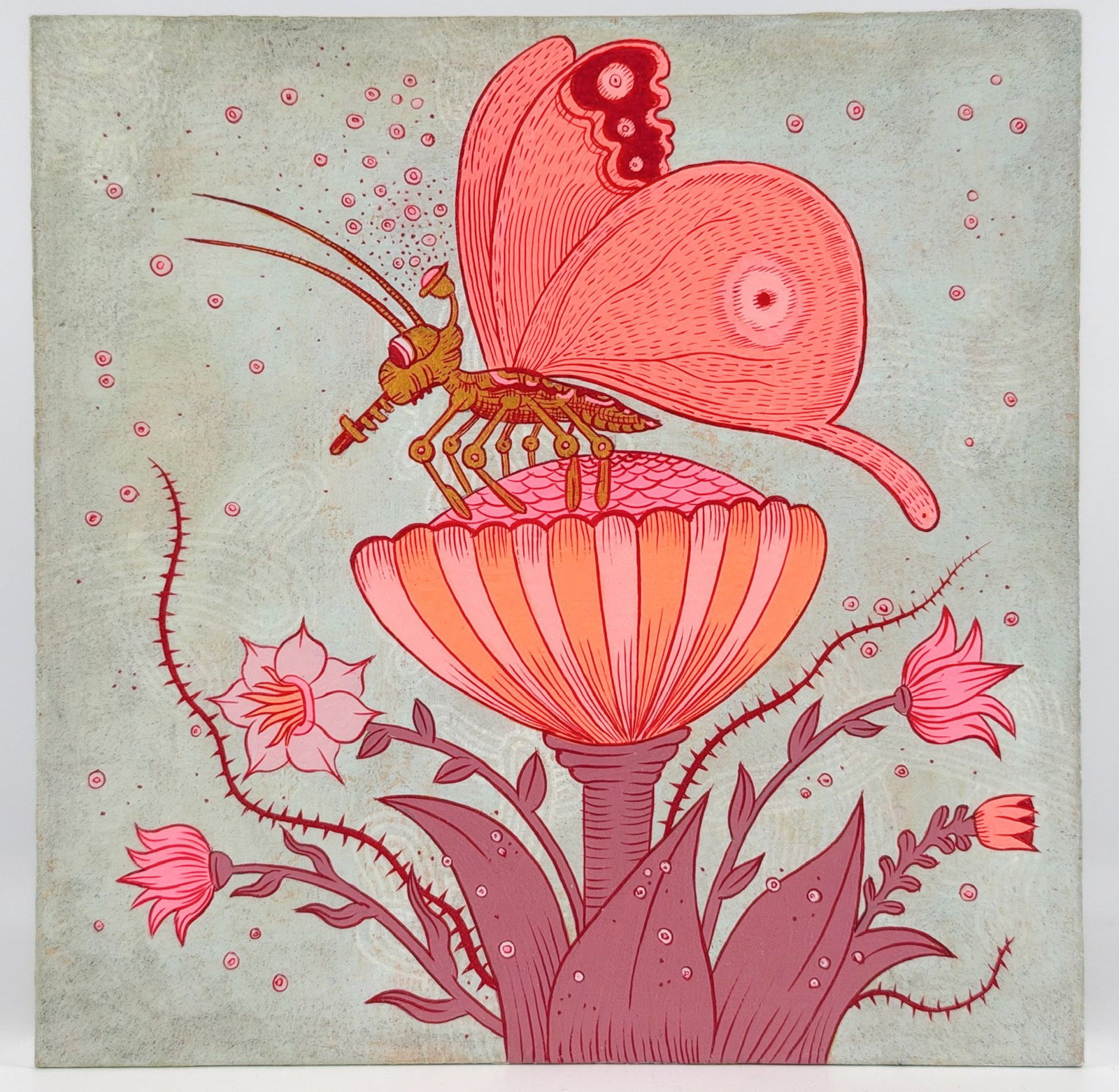Peter Hamlin (20th Century) Acrylic on Masonite, Butterflybot, 2016: Titled Butterflybot, 2016. Signed on the back side. Depicts a robot disguised as a butterfly. From the artist's bug surveillance series. Dimensions: Approximately 6 in H x 6 in W x 1 in D. Weighs appr