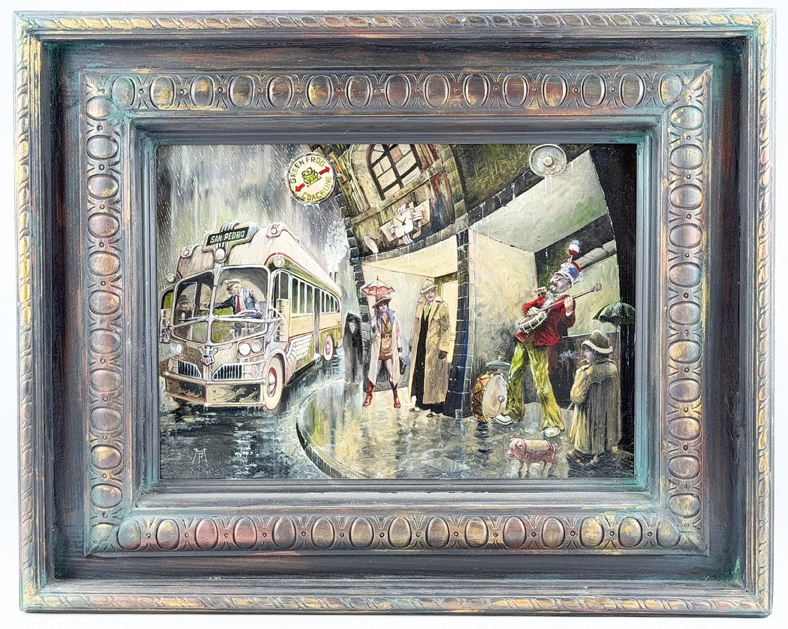 Harold Fox (20th Century) Acrylic on Masonite, One Man Band, 2013: Titled One Man Band. Insignia on the lower left corner, signature on the back. Depicts a street scene with a one man band playing in the rain. Dimensions: Visible image is approximately 9.25 in H x 13