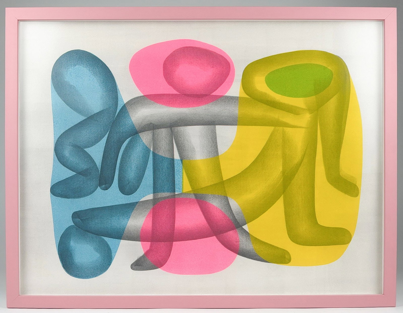 Tim Biskup (b. 1967) Mixed Media on Board, Grey, Yellow, Cyan, Pink Forms: Framed abstract artwork in shades of grey, yellow, cyan, and pink. Dimensions: Visible image is approximately 17.75 in H x 23.5 in W. Frame is approximately 19.5 in H x 25.25 in W x 1 in D. Weighs abo