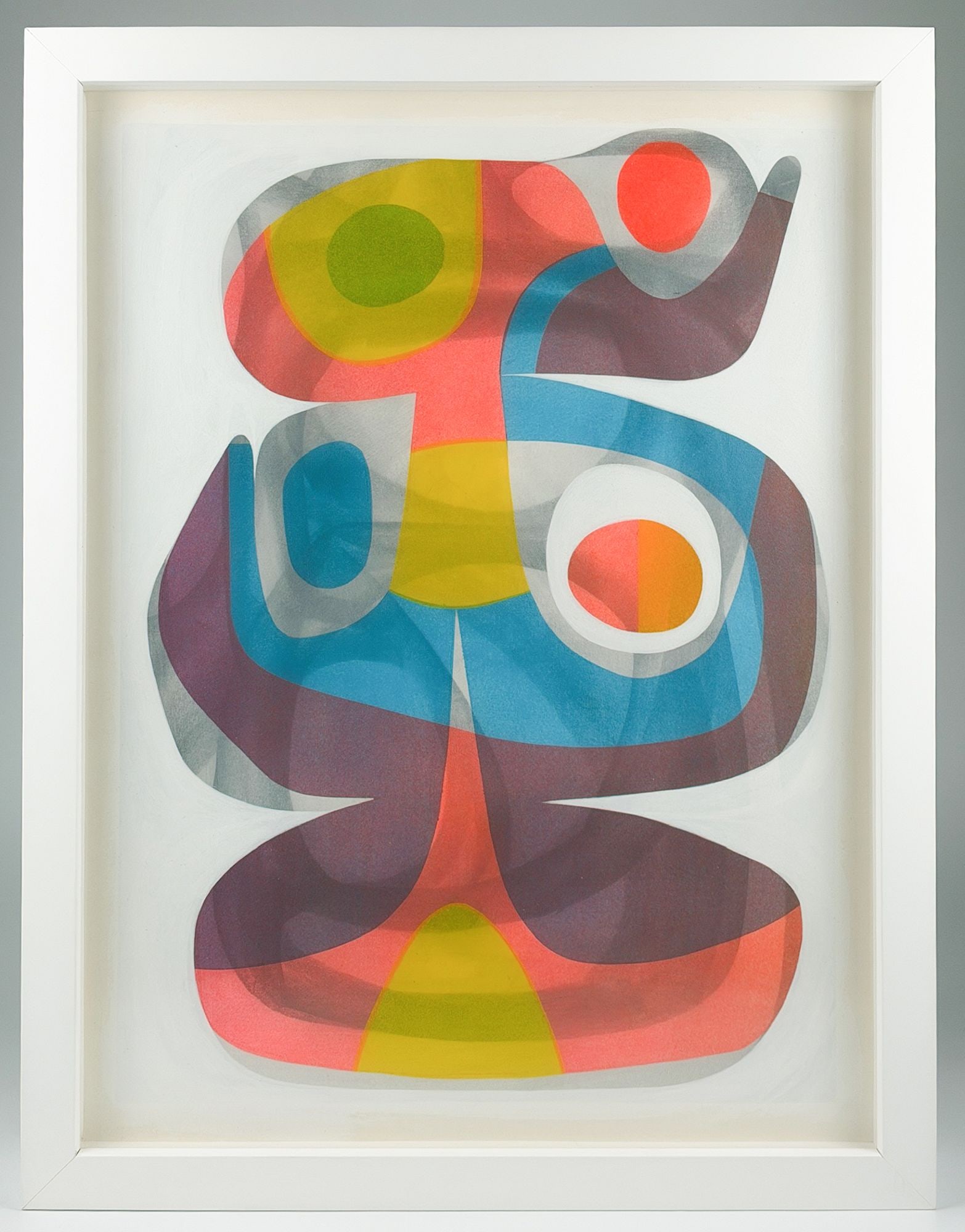 Tim Biskup (b. 1967) Mixed Media on Board, Multi Colored Framed Abstract: Framed abstract artwork in shades of pink, yellow, grey, and cyan. Dimensions: Visible image is approximately 23.75 in H x 17.75 in W. Frame is approximately 26.25 in H x 20.25 in W x 4 in D. Weighs a