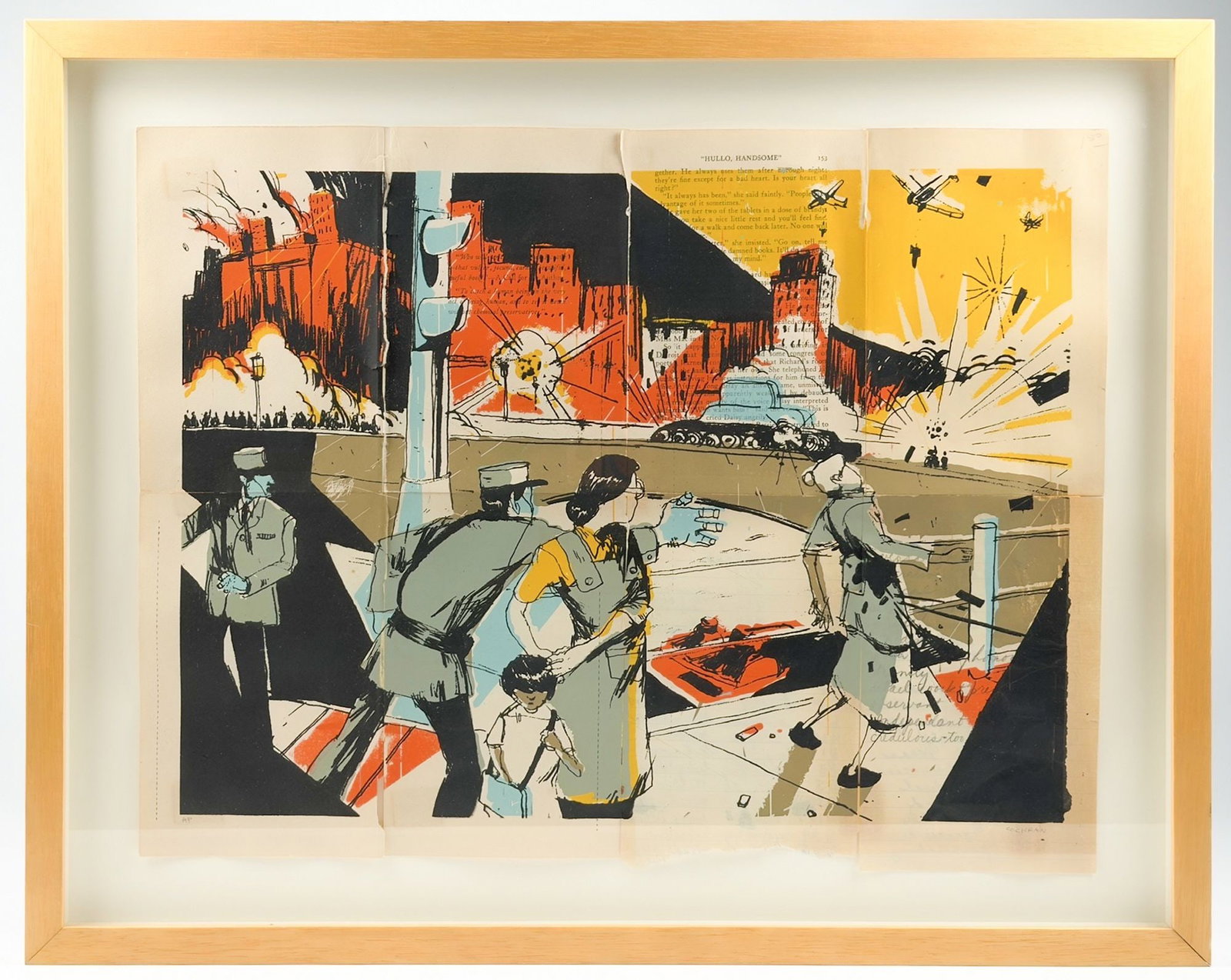 Josh Cochran (20th Century) Offset Lithograph, Citizen Bomb, AP Circa 2015: Titled Citizen Bomb, artist proof, circa 2015. Signed in graphite in the lower right corner. Depicts a city scene with people and explosions. Dimensions: Visible image is approximately 15.5 in H x 20.