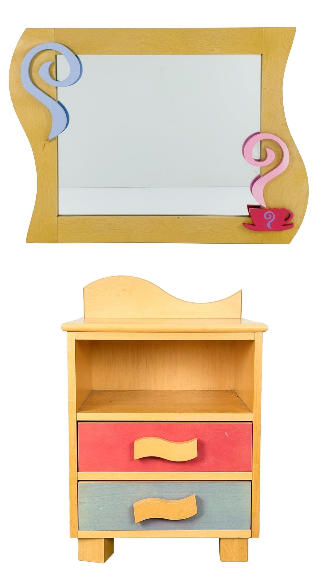 Taylor's Find: Cafe Motif Nightstand and Mirror Set: Nightstand and mirror combo with pastel colors and wave cut accents. Dimensions: Approx dimensions: Nightstand: 28.5 in H x 18.5 in W x 16 in D. Mirror: 24 in H x 31 in W. LOCAL PICK UP