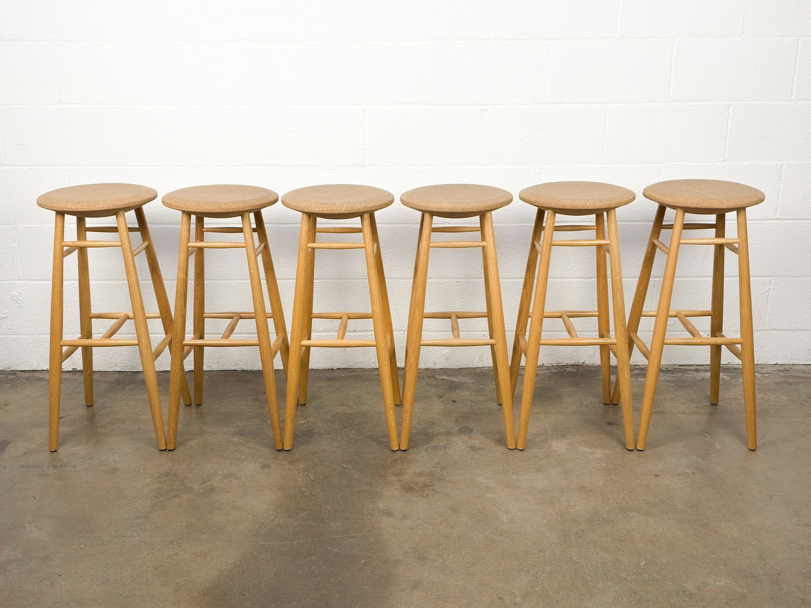 Set of 6 Lars Beller Fjetland for Hem Drifted Bar Stools w/ Cork Seats and Oak Legs: Upcycled driftwood cork seats with natural oak legs. Dimensions: Approximately 30 in H x 14 in W x 14 in D. Total weight is approximately 45 lbs. LOCAL PICK UP INFORMATION:Wednesday, September 16,