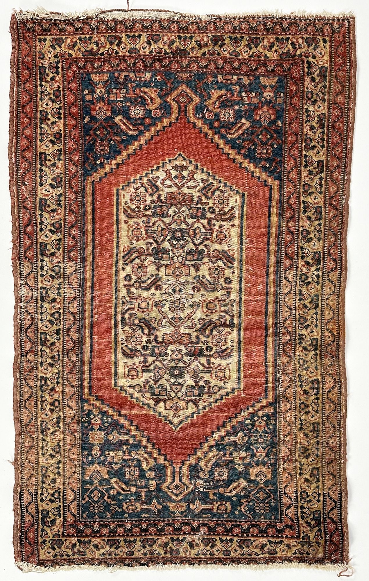 Persian Hamadan Hand-knotted Wool Rug Circa 1890, 3' x 2': Rust/Blue. Hand-knotted. Wool. Dimensions: Rug is approx. 38 in W x 23 in L. Weighs 1 lb 9 oz. LOCAL PICK UP INFORMATION:Wednesday, September 16, 10:00 AM-2:00 PM at 8059 Foothill Blvd, Sunland, CA