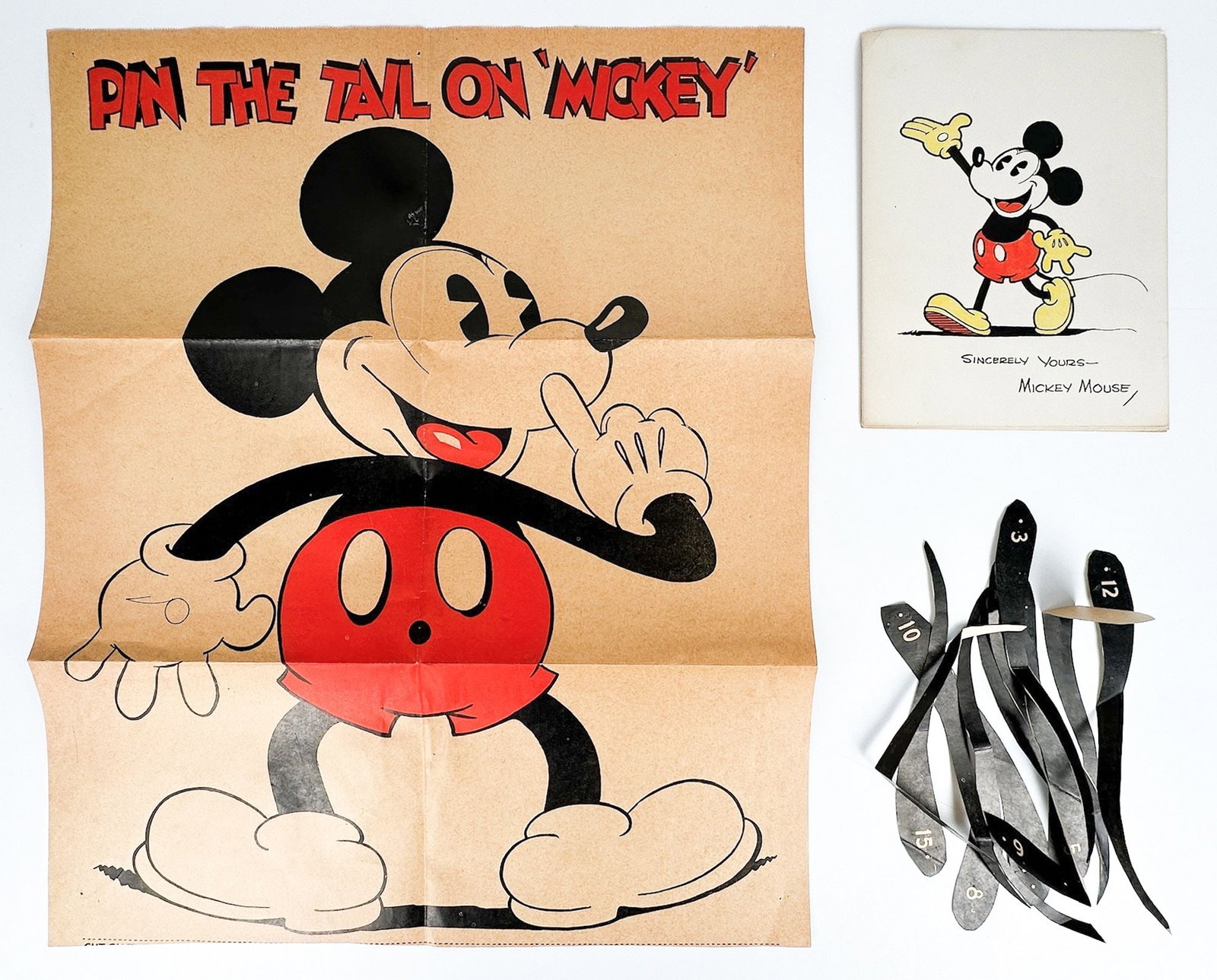 1930s Pin the Tail on Mickey Mouse Party Game and Stationery Cards: Includes game poster, pieces and three "Sincerely yours - Mickey Mouse" cards. Dimensions: Poster is approx. 21.75 in H x 17.75 in W. Cards are approx. 9.5 in H x 7.25 in W. Weighs 1 lb. LOCAL PICK UP
