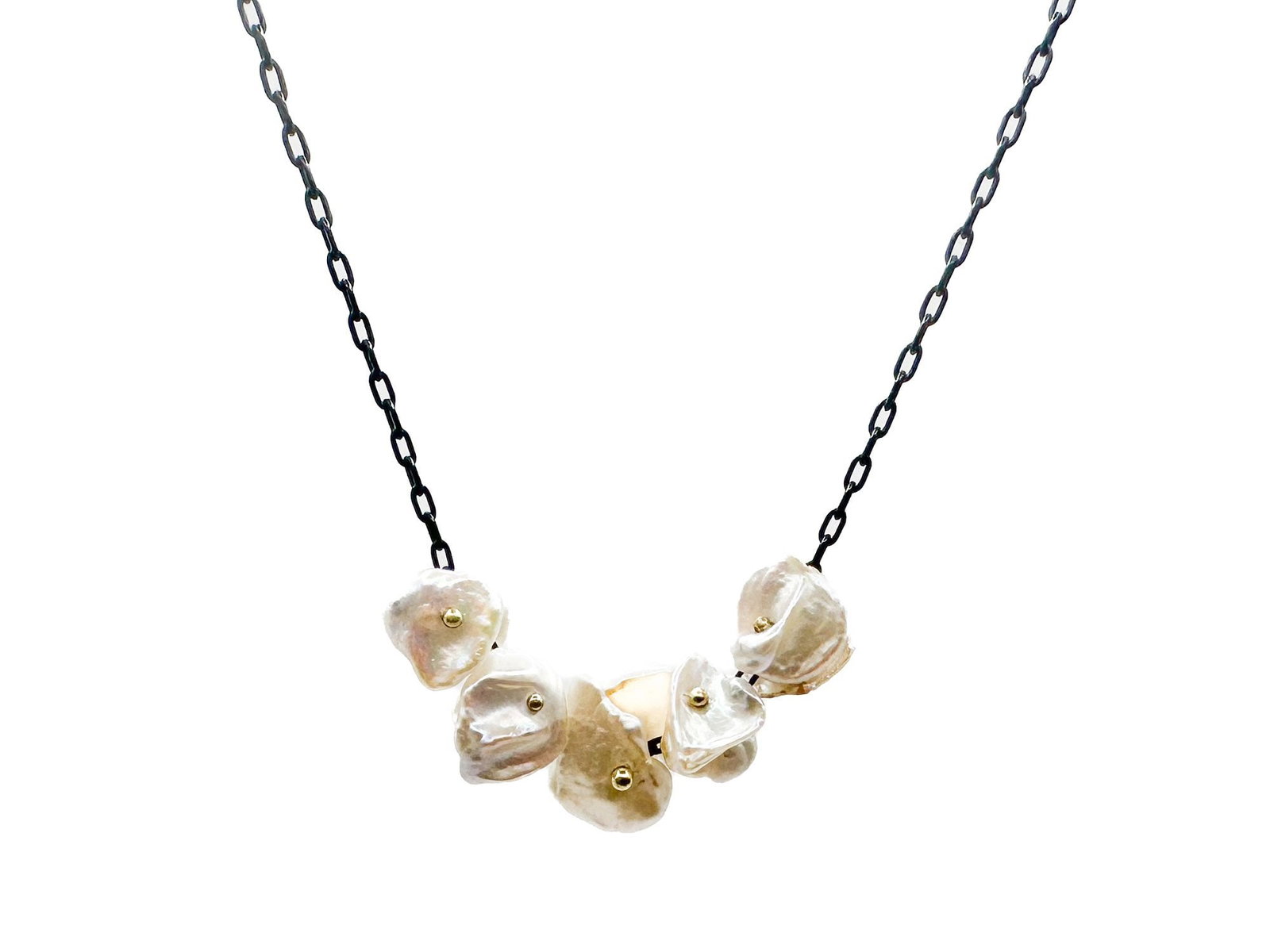 Ten Thousand Things Oxidized Sterling Silver & Gold Pearl Cluster Necklace: Ten Thousand Things necklace featuring a cluster of baroque pearls with gold accents on an oxidized sterling silver chain. Dimensions: Approx. 16 inches long, 3 grams. LOCAL PICK UP INFORMATION:Wednes