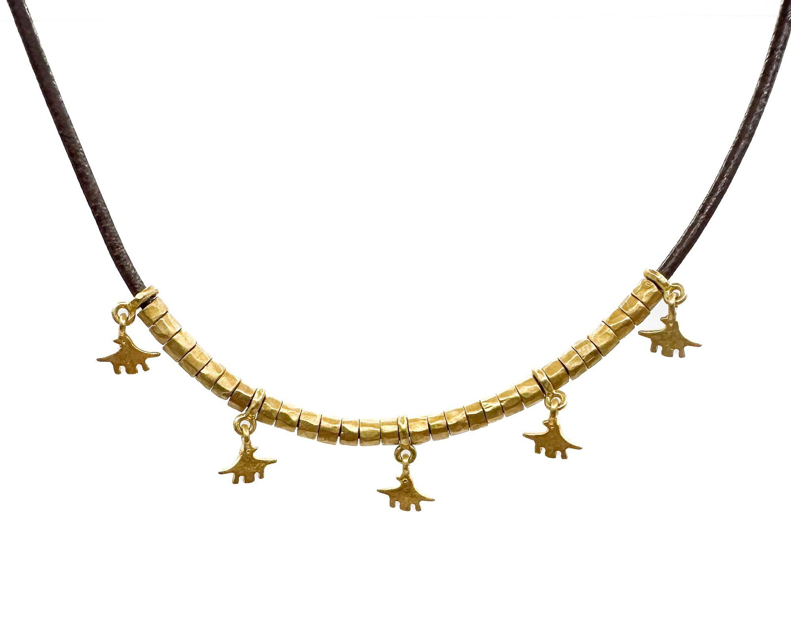 H. Stern 18K Yellow Gold Hammered Barrel Beads on Leather Necklace with Bird Charms: H. Stern necklace featuring 18K yellow gold hammered barrel beads and decorative bird charms on brown leather cord. Includes gold chain extender. Dimensions: Measures 23 inches in length. Overall weig