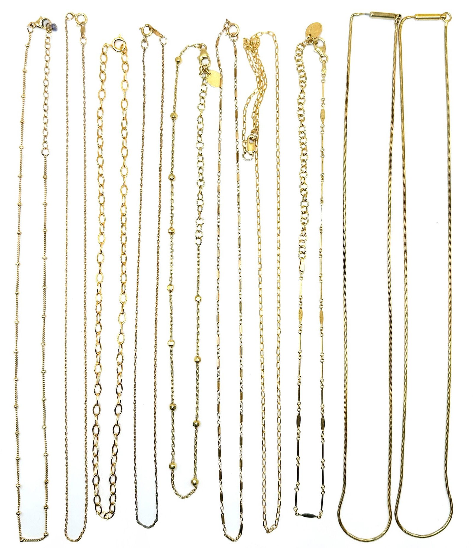 Lot of 10 Gold Fill and Gold Plated Sterling Necklaces: Lengths range from 16 inches to 21 inches. Clasps function property. Some are make in Italy, marked FG or 925. LOCAL PICK UP INFORMATION:Wednesday, September 16, 10:00 AM-2:00 PM at 8059 Foothill Blvd