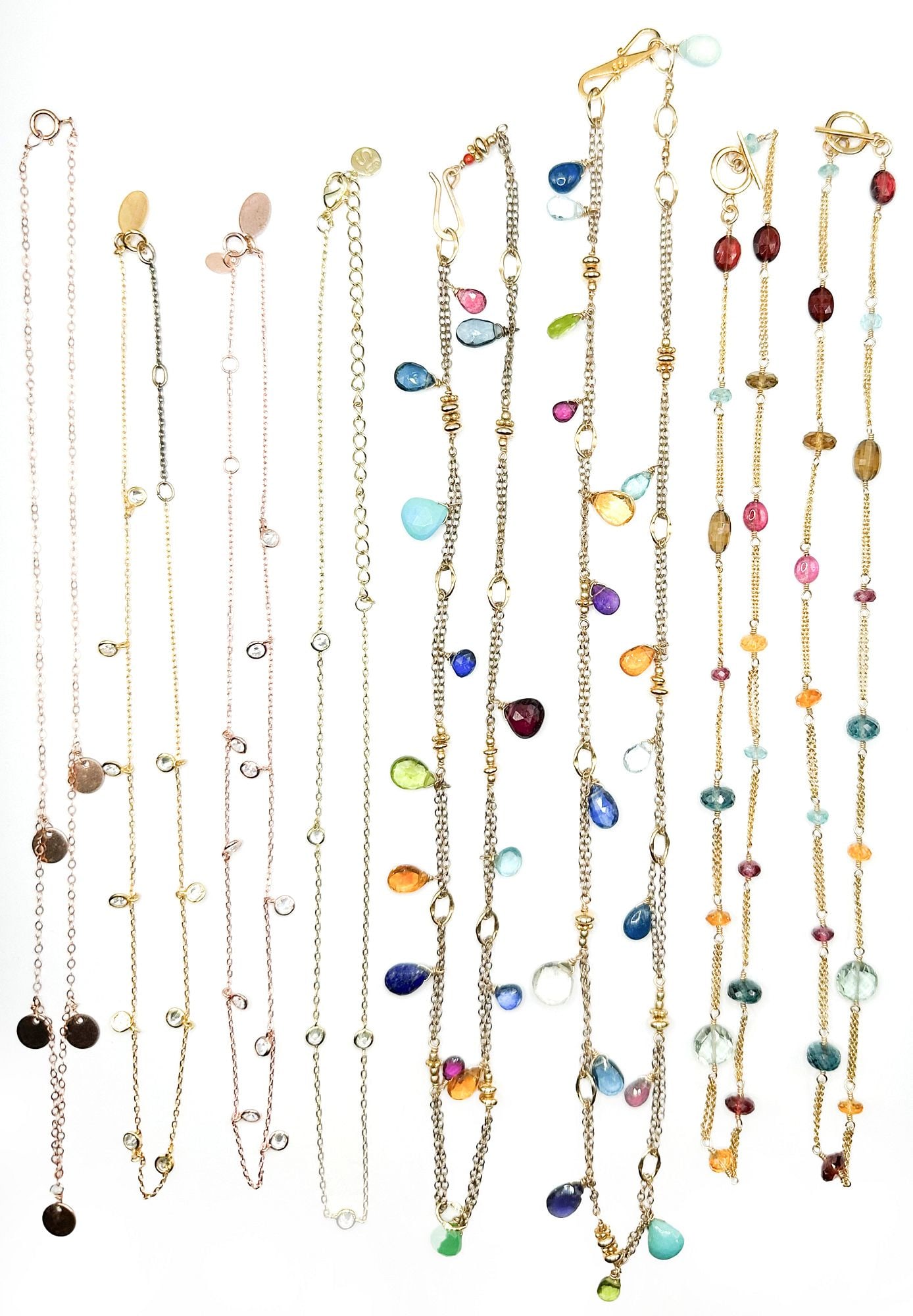 Lot of 8 Gold Filled and Gemstone Station Necklaces: Most marked gold filled. All clasps function. Lengths range from 15 inches to 19 inches long. LOCAL PICK UP INFORMATION:Wednesday, September 16, 10:00 AM-2:00 PM at 8059 Foothill Blvd, Sunland, CA 910