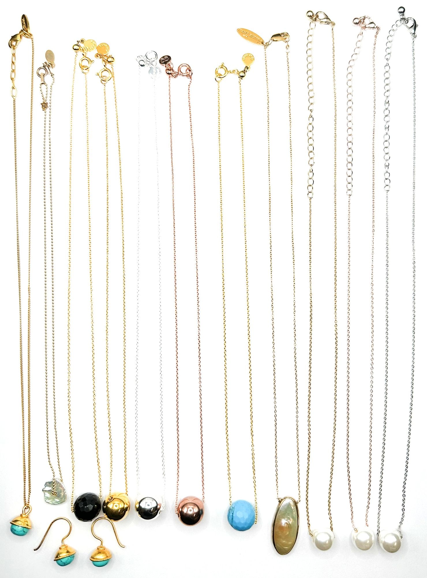 Lot of 12 Gold Fill Designer Pendant Necklaces and Earrings: Rose, white and yellow gold filled necklaces in excellent condition. All clasps function. Dimensions: Lengths range from 15 inches 18 inches with extender sections. LOCAL PICK UP INFORMATION:Wednesday