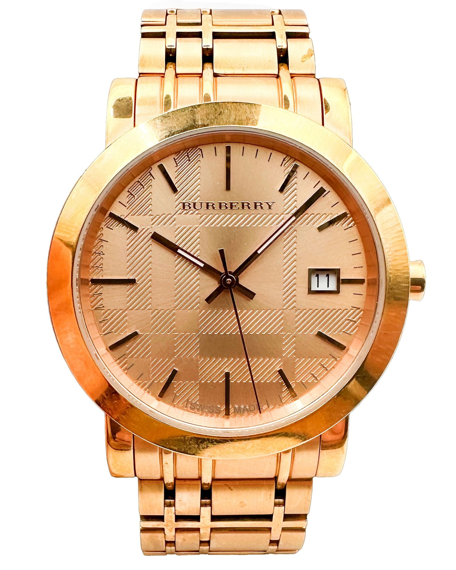 Burberry Swiss Made Watch, Rose Gold-Tone Stainless Steel, Model BU1856: Burberry watch featuring signature Burberry check-embossed champagne dial with applied hour markers and date window at 3 o'clock. Rose gold-tone stainless steel case with polished bezel, case diameter
