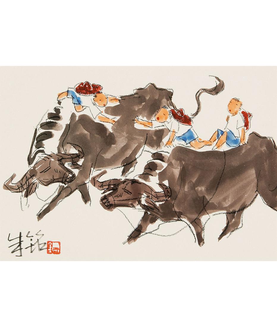 JU MING (B.1938) PLAYING WITH CATTLE: JU MING (B.1938) PLAYING WITH CATTLE 28x39.5cm Ink and Color on Paper, Mounted and Framed Signed and with One Seal of the Artist