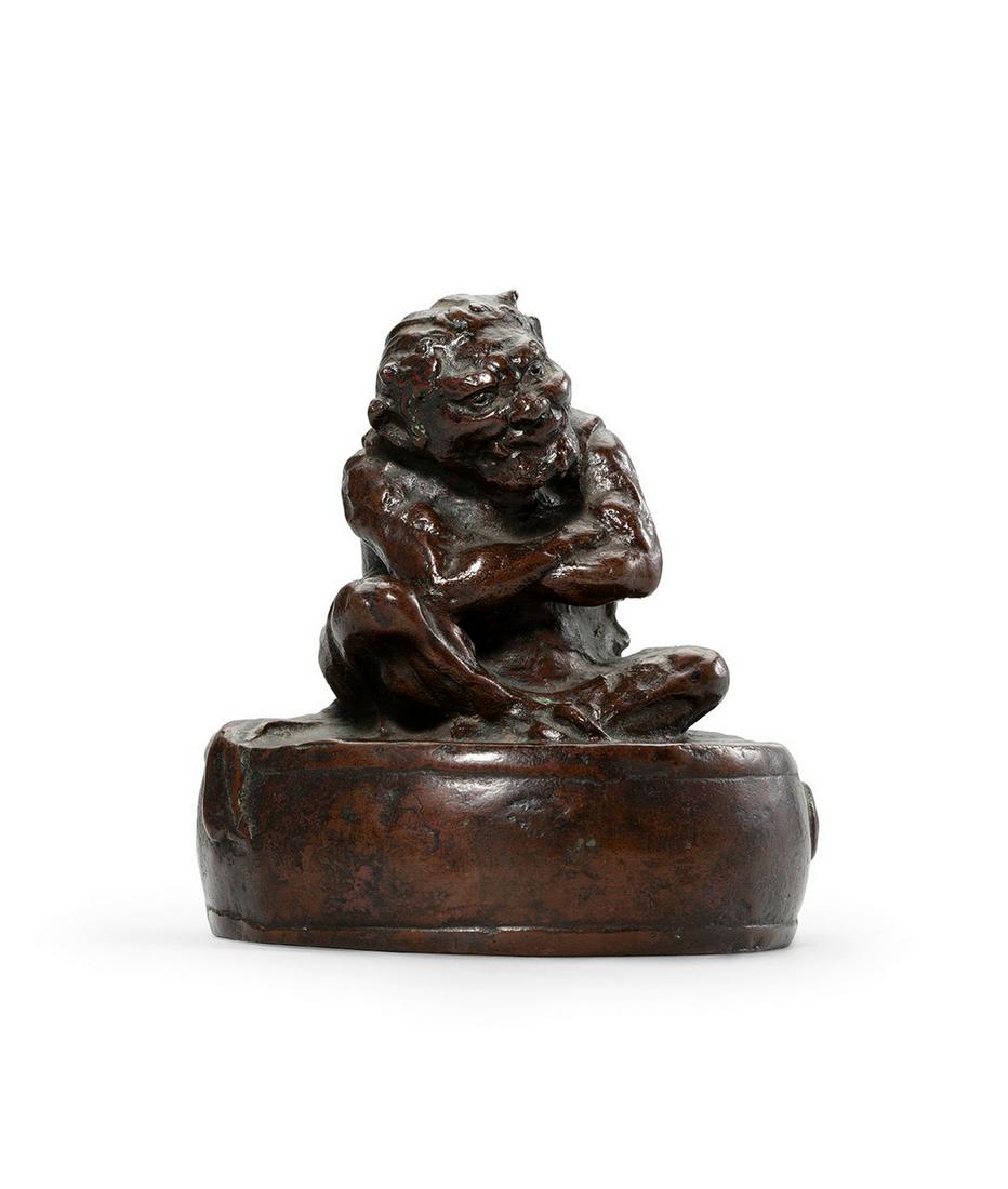 A Bronze Okimono of Oni And Drum, Taisho Period: A Bronze Okimono of Oni and Drum TAISHO PERIOD H9cm With original tomobako Yu Jen Taipei 2020 Summer Auction [Lot 346] Estimates: TWD 5,000-10,000 DEPOSIT To ensure a smooth auction and protect the in