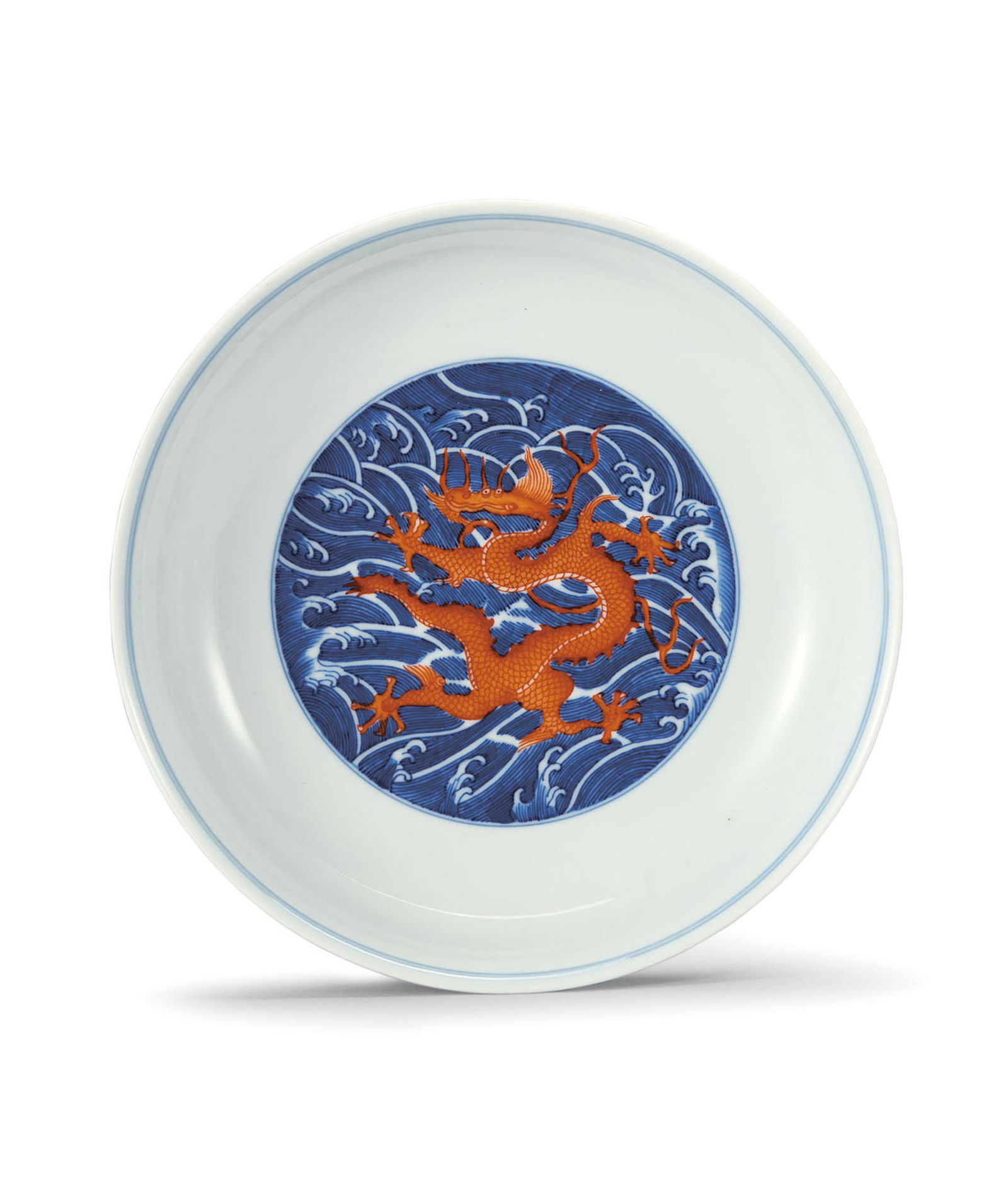 A Blue and White With Iron-Red-Decorated 'Dragon' Dish, Qing Dynasty (1 of 2)