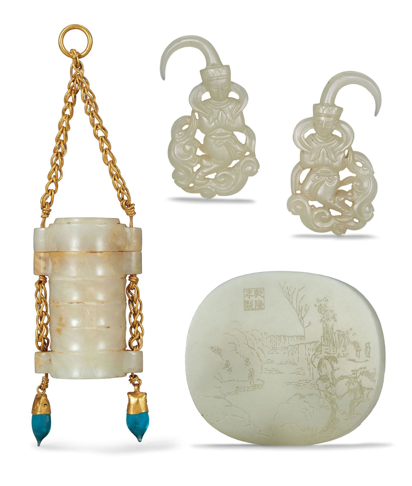 Pale Celadon Jade Box and Cover, Earrings and Belt Buckle, Qing Dynasty (1 of 1)