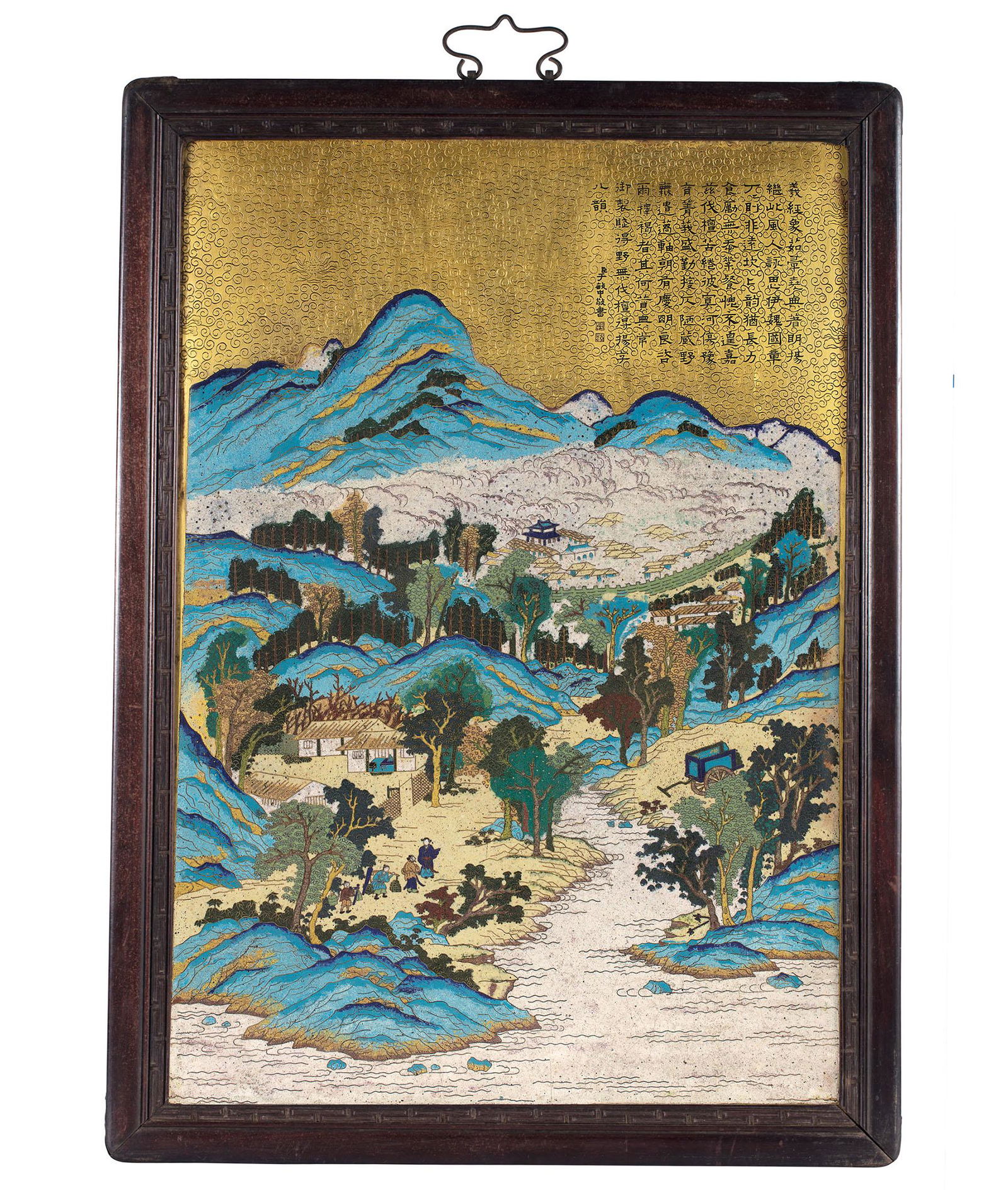 A Bronze Cloisonne Enamel 'Landscape and Poem' Hanging Screen, Qing Dynasty (1 of 1)
