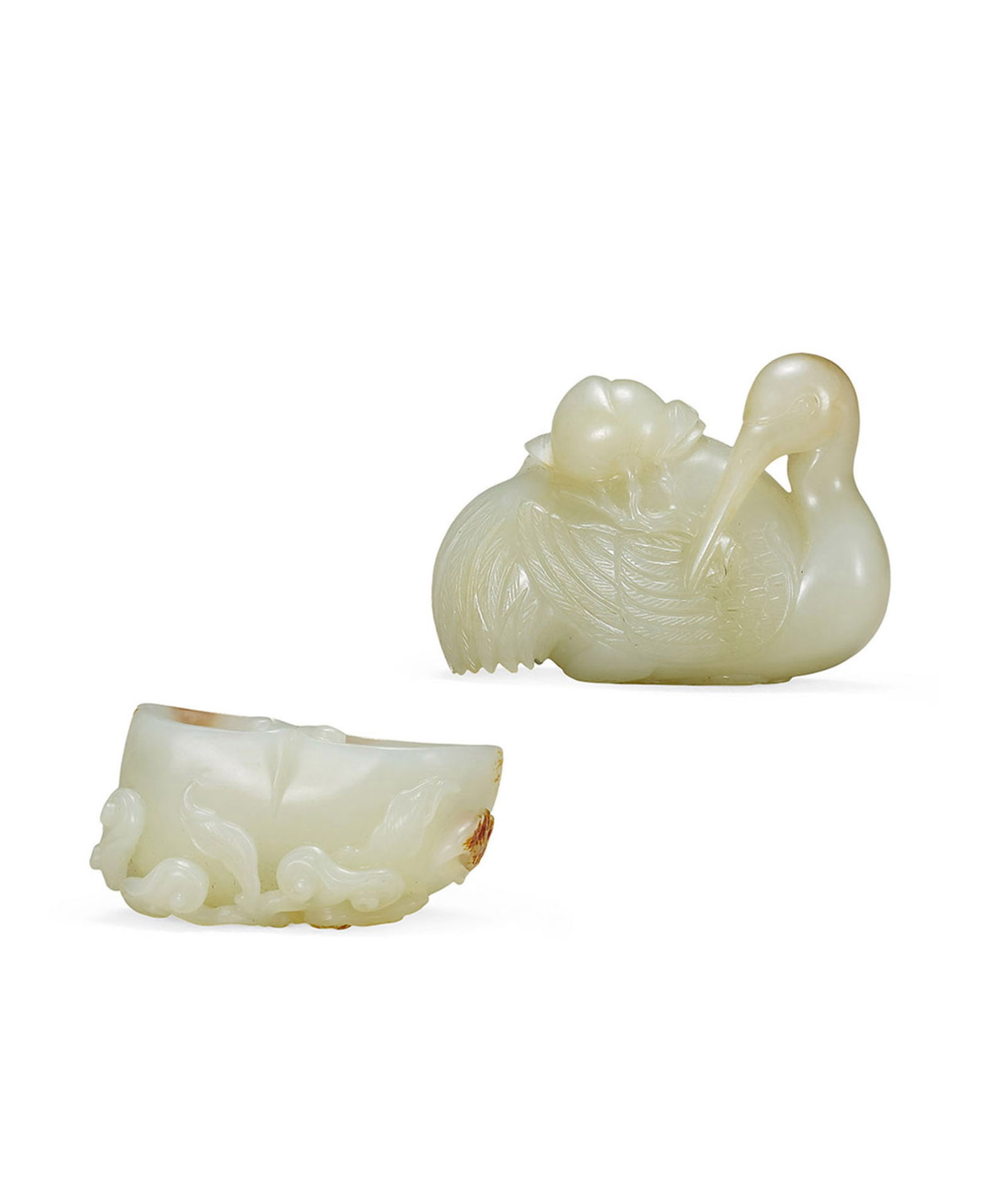 Set of Two White Jade 'Crane and Peach', Ornament and 'Longevity' Brush Washer, Qing Dyn. (1 of 3)