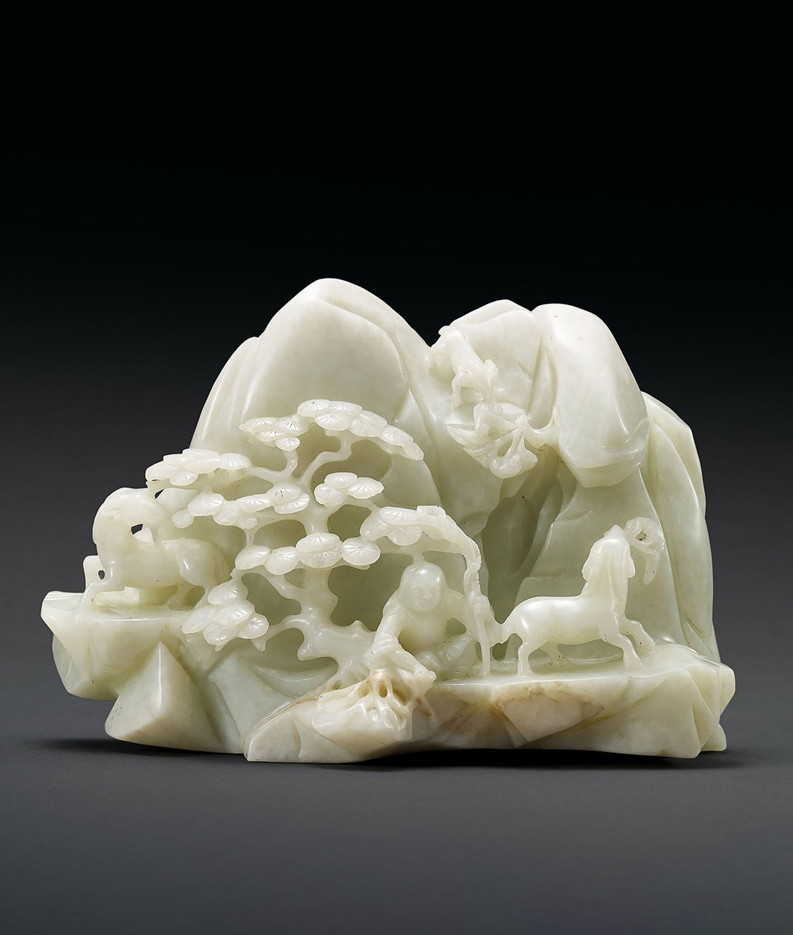 A White Jade 'Immortal and Landscape' Mountain Boulder: 108 白玉仙山採藥圖山子 L22.5cm 來源：美國重要私人收藏 預估價&#