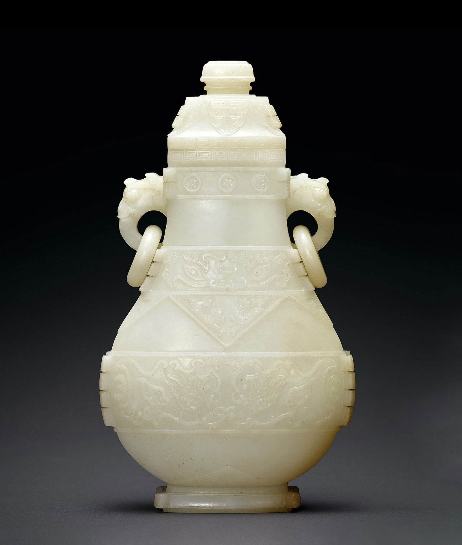 Archaic White Jade 'Beast-Mask' Vase and Cover, Qing Dyn. (1 of 2)