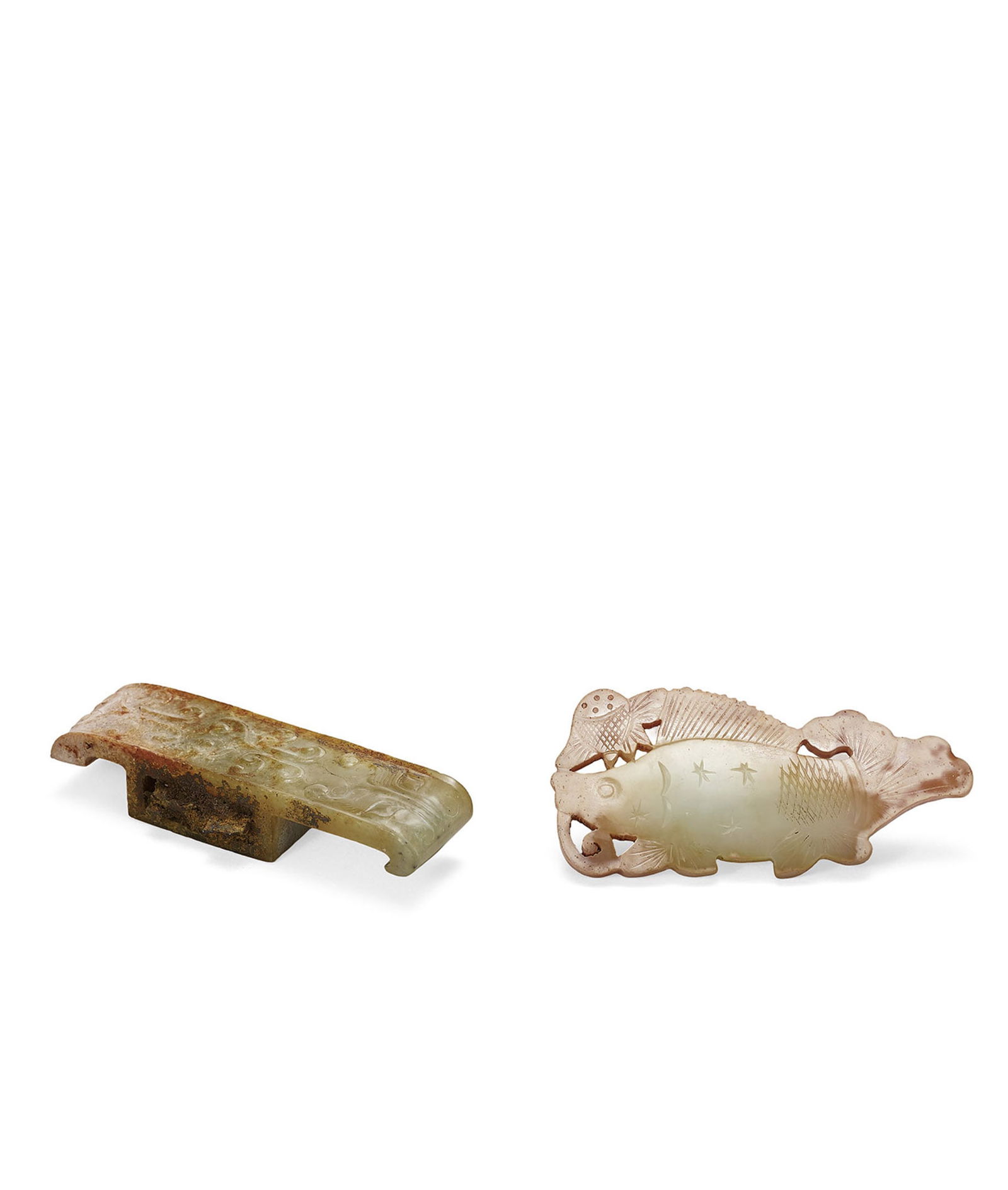 Jade Fish and a Jade 'Beast-Mask' Sword Ornament, Qing Dyn. or Earlier (1 of 3)