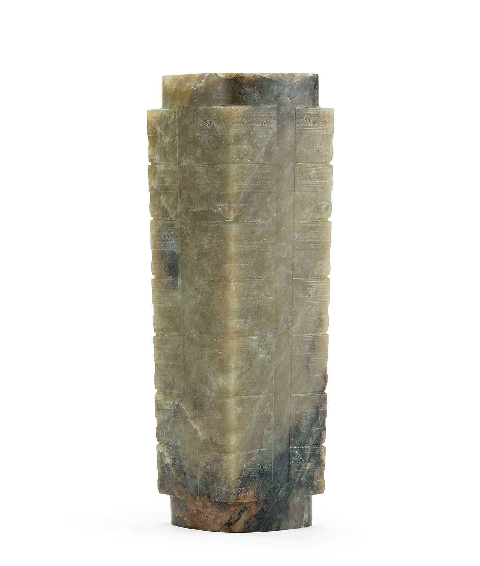 A Jade 'Mask' Cong, Qing Dynasty or Earlier: 121 清或更早 玉神人獸面紋琮 H16.5cm 來源：美國重要私人收藏 預&