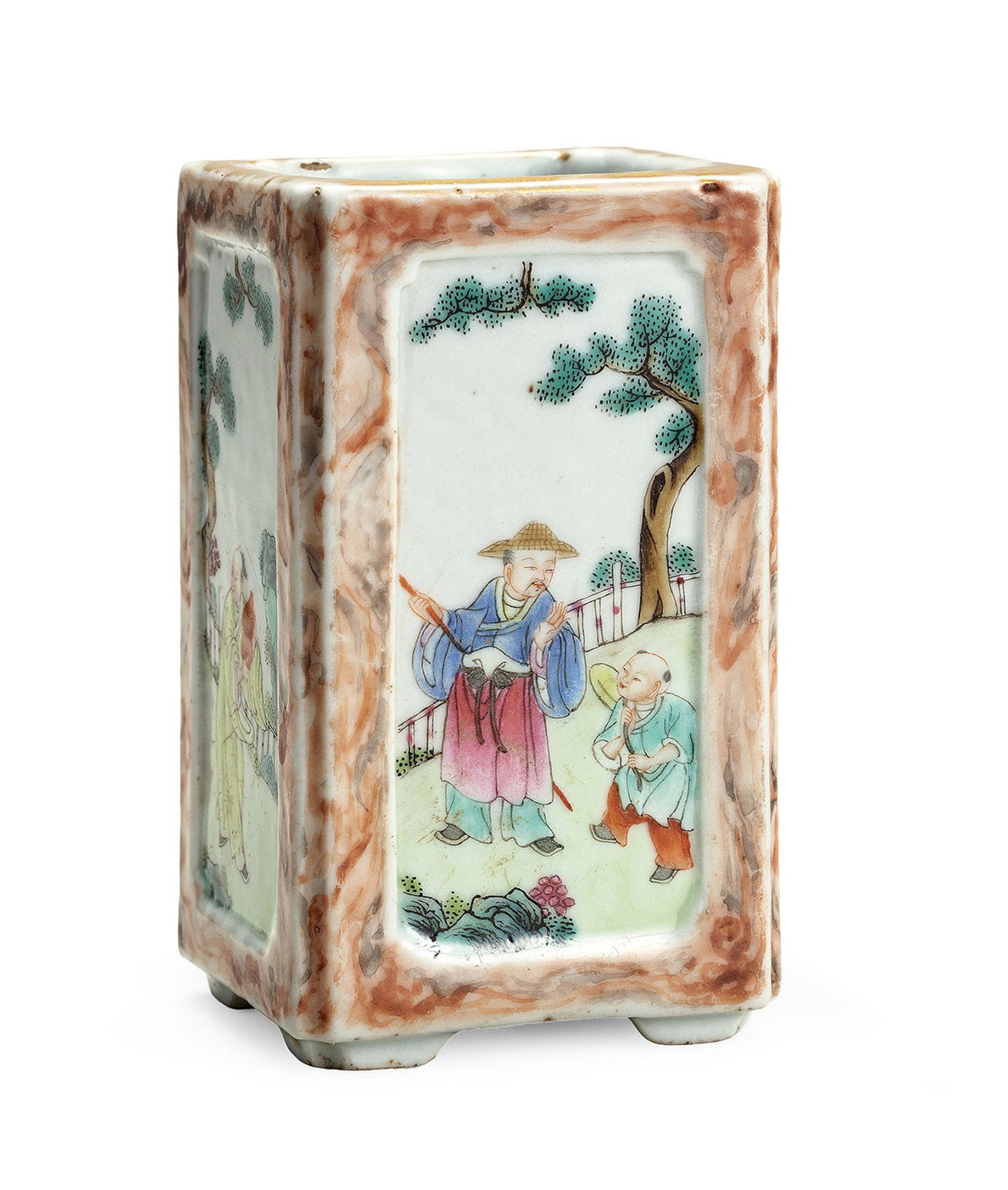 A Famille-Rose 'Figure' Brushpot, Qing Dynasty: 130 清 粉彩人物圖筆筒 「乾隆年製」款 H9.8cm 來源：美國重要私&#