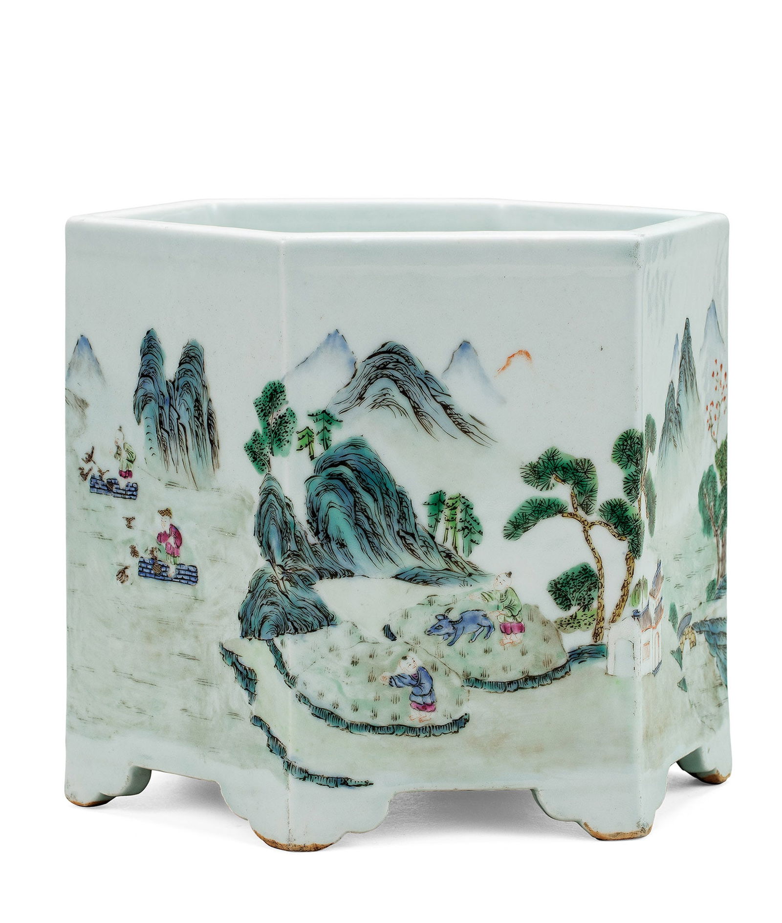Famille-Rose 'Landscape and Figure' Brushpot, 19c.: 131 十九世紀 粉彩山水人物圖六方筆筒 花押款 H17.5cm 來源：美國&