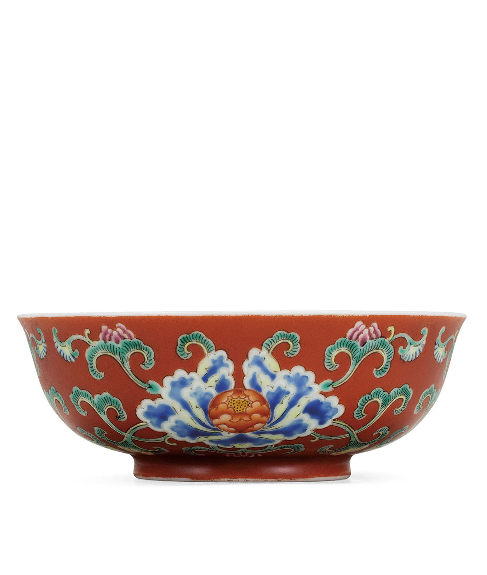 A Coral-Red Ground Famille-Rose 'Peony' Bowl (1 of 2)