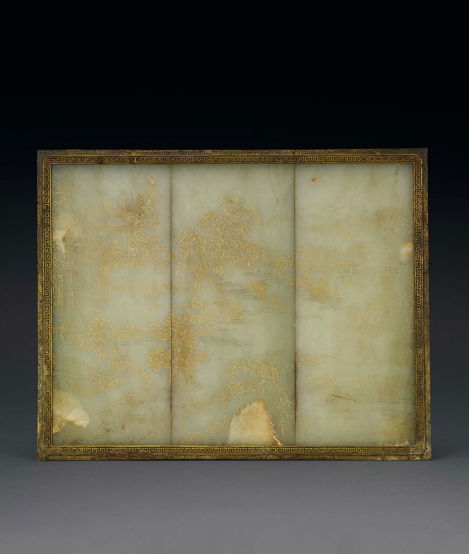 Rare Pale Celadon Jade Imperially Inscribed 'Waterside Dwelling' Table Screen, Qing Dyn., Qianlong: 148 清乾隆 青白玉描金御題詩水村圖屏 L28cm 御題詩：御題水村