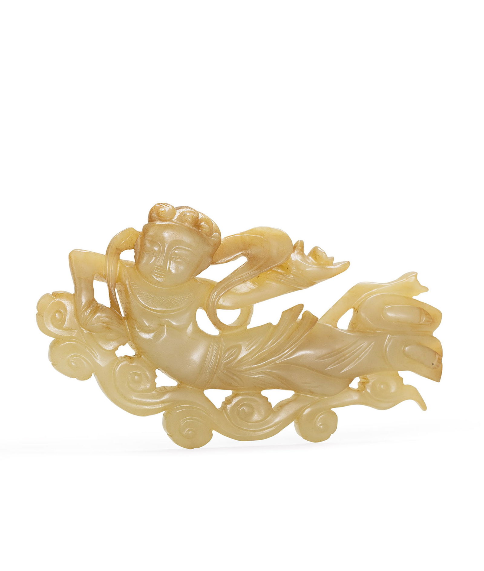 Pale Celadon Jade Openwork 'Apsara' Pendant, Qing Dyn.: 159 清 青白玉鏤雕飛天珮 L9.8cm 預估價： TWD 60,000-80,000 RMB 13,300-17,800 A Pale Celadon Jade Openwork 'Apsara' Pendant