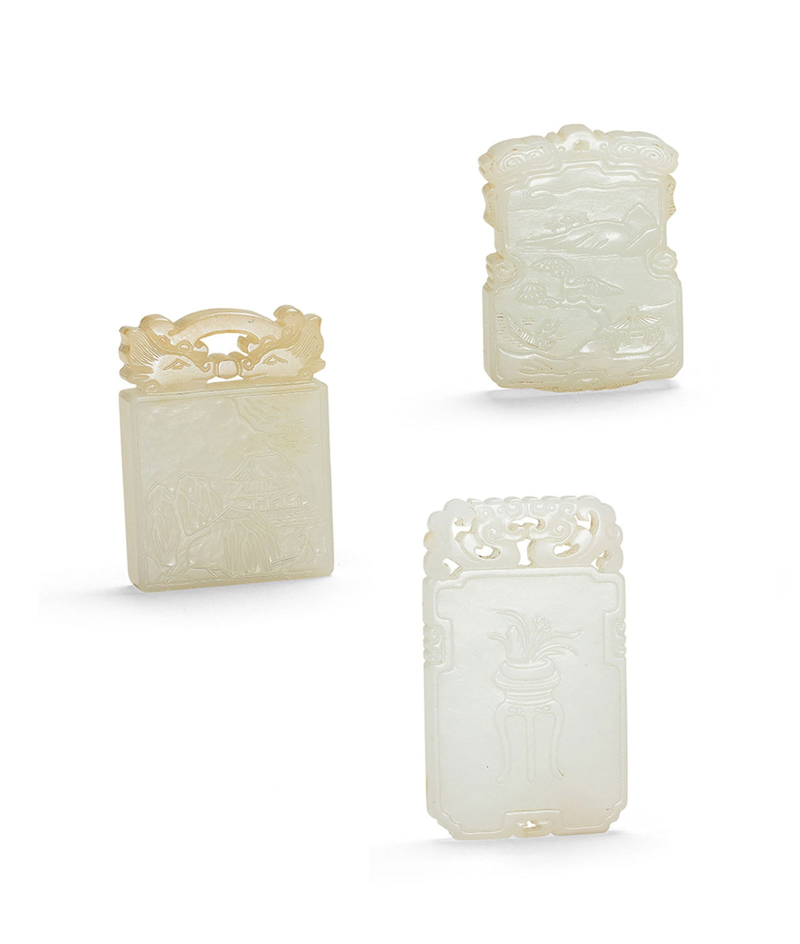 A Set of Three White Jade Plaques, Qing Dynasty: 165 清 白玉牌 三件一組 L4-5cm 詩文牌款識：桃紅復含宿雨 柳綠更&