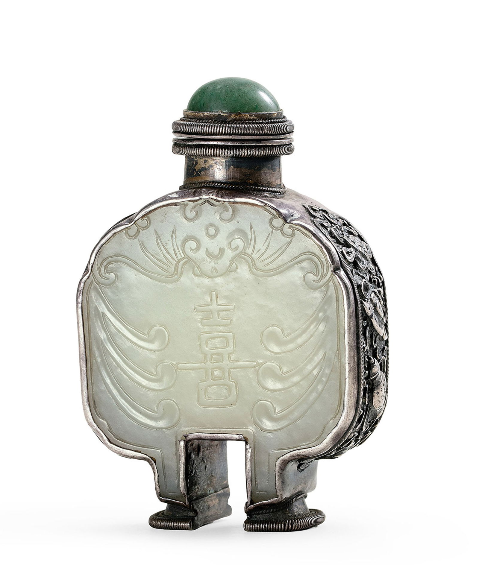 White Jade-Inlaid Silver 'Xi' Snuff Bottle, Qing Dyn. (1 of 1)
