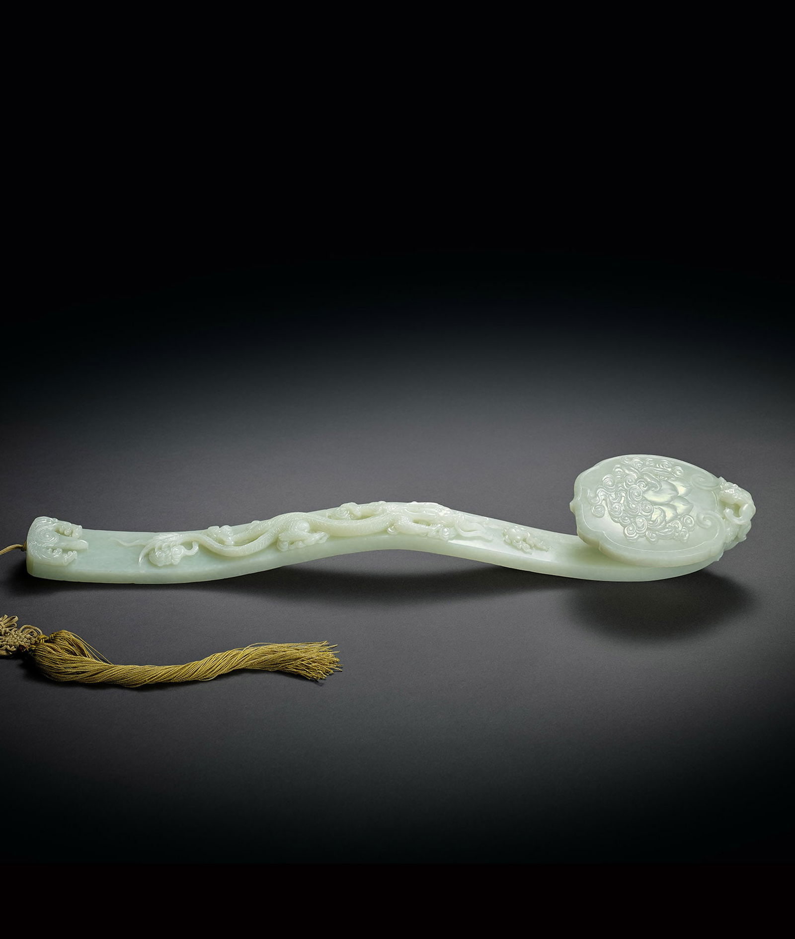 Large White Jade 'Peach and Dragon' Ruyi Scepter, 19c. (1 of 1)