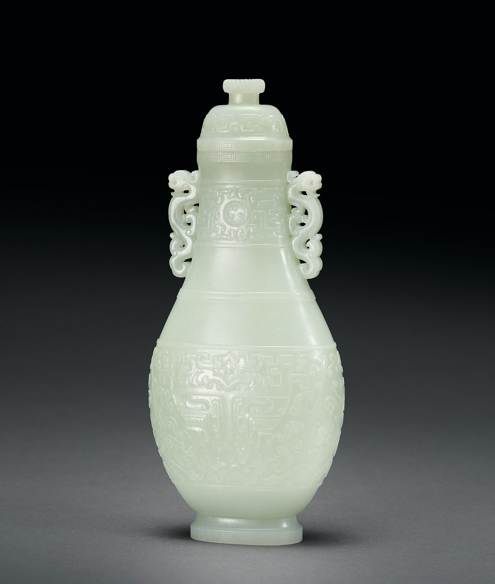 Superb White Jade 'Beast-Mask' Vase and Cover, Qing Dyn. (1 of 3)