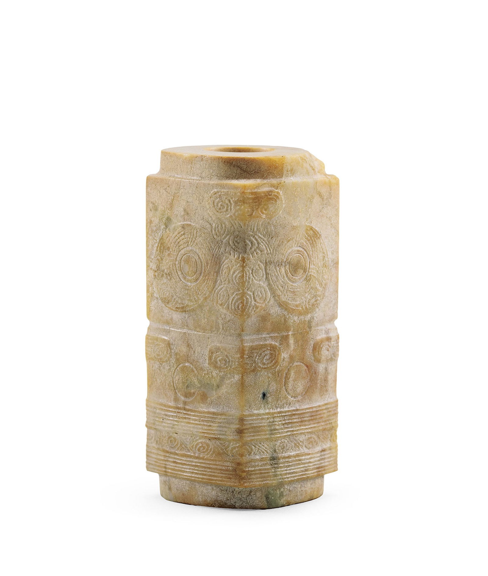 Jade 'Beast Mask' Cong-Shaped Bead, Qing Dyn. or Earlier (1 of 1)