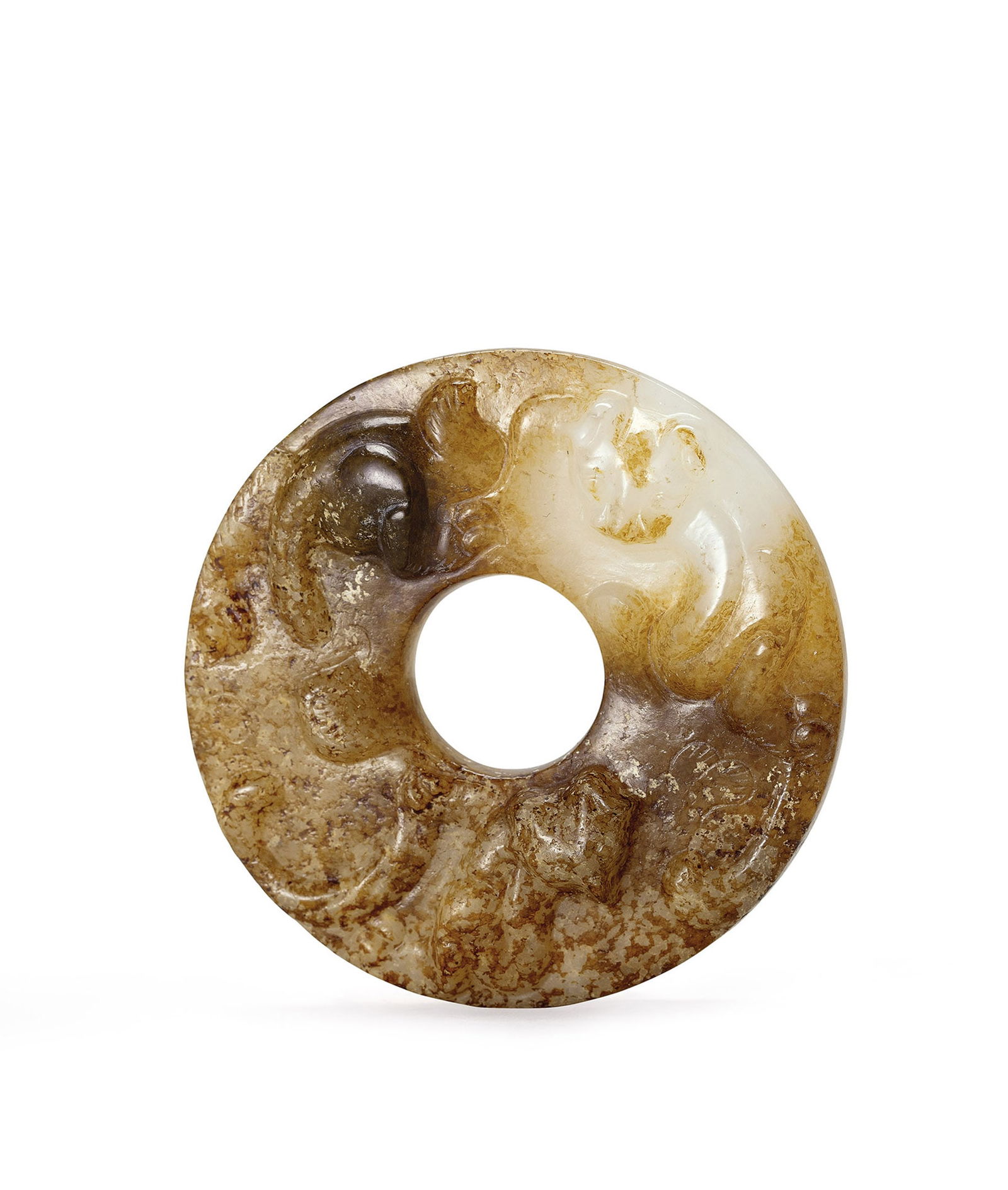 A White Jade 'Dragon' Bi Disc, Qing Dynasty or Earlier: 198 清或更早 白玉螭龍紋璧 D5cm 預估價： TWD 30,000-40,000 RMB 6,700-8,900 A White Jade 'Dragon' Bi Disc Qing Dynasty