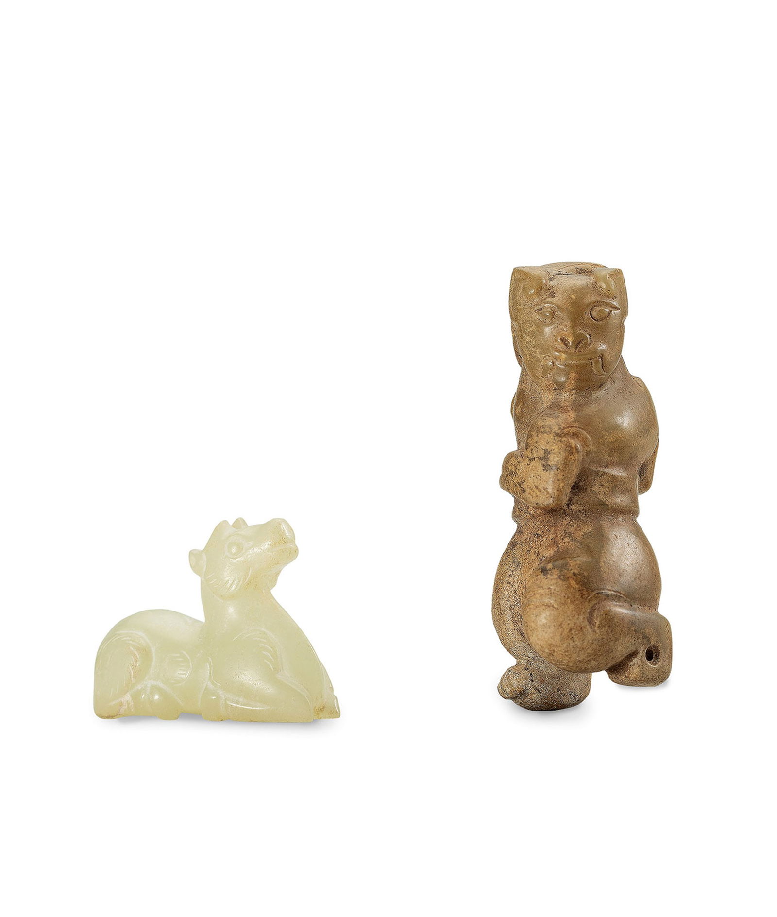 Jade Mythical Beast and a Jade Figure, Qing Dyn. or Earlier (1 of 3)