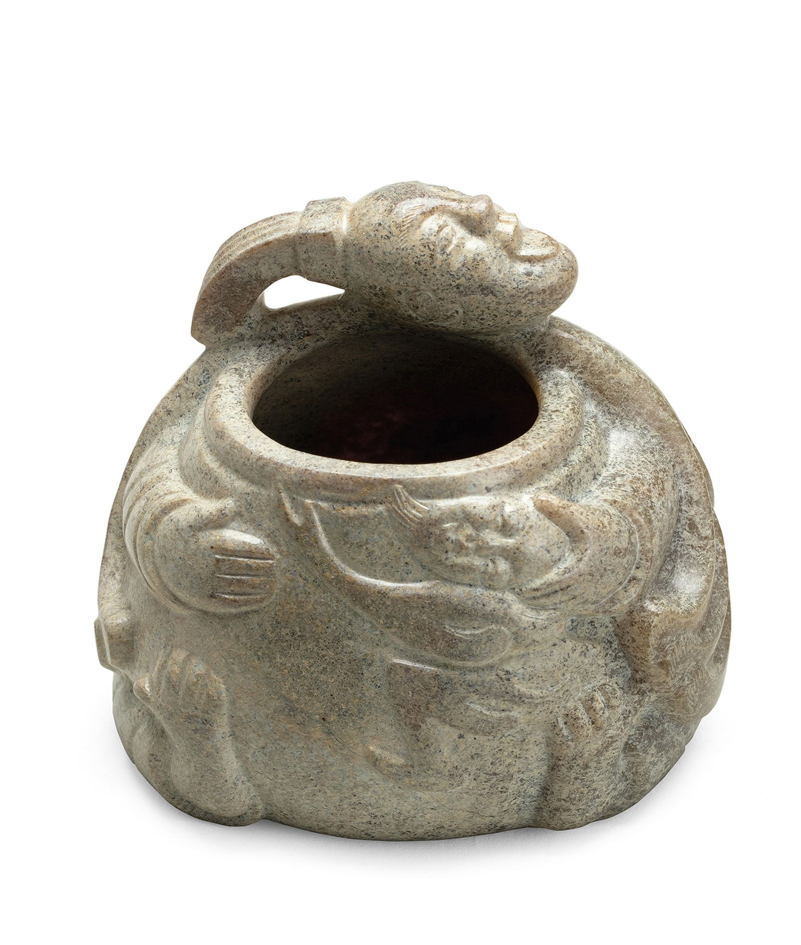A Jade 'Figure' Waterpot, Qing Dynasty or Earlier: 203 清或更早 玉抱缸羽人水丞 H9cm 預估價： TWD 5,000-10,000 RMB 1,100-2,200 A Jade 'Figure' Waterpot Qing Dynas