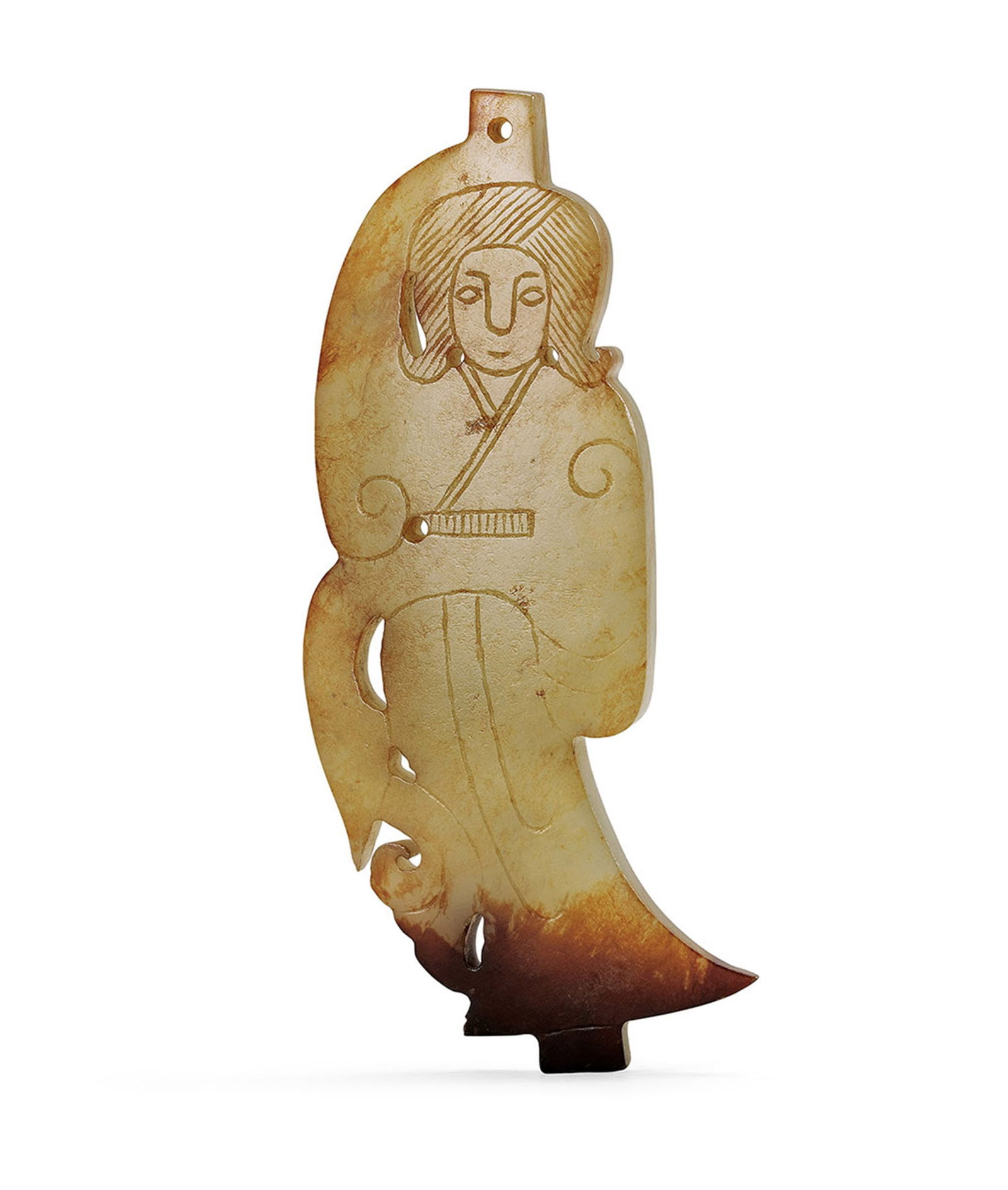 A White Jade 'Figure' Pendant, Qing Dynasty or Earlier: 204 清或更早 白玉舞人珮 H7.1cm 預估價： TWD 50,000-70,000 RMB 11,100-15,600 A White Jade 'Figure' Pendant Qing Dynasty or