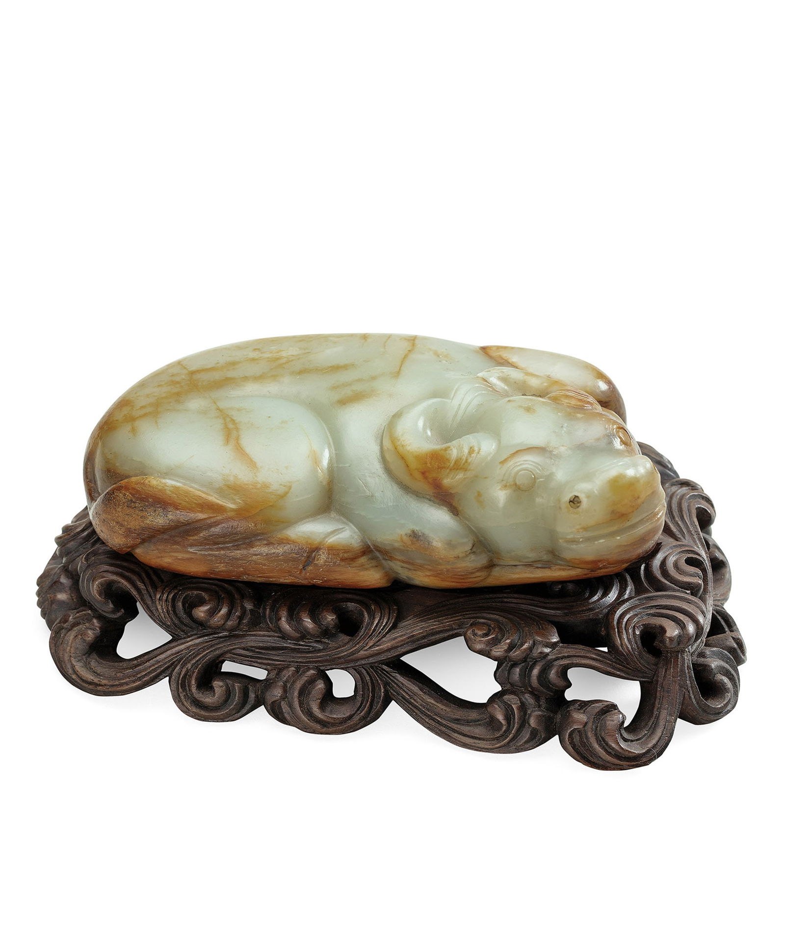 Pale Celadon Jade 'Recumbent Buffalo' Paperweight, Qing Dyn.: 215 清 青白玉臥牛鎮紙 L10cm 來源：中國嘉德2003年7月13日編號1290 Mr. Gary Kuo 